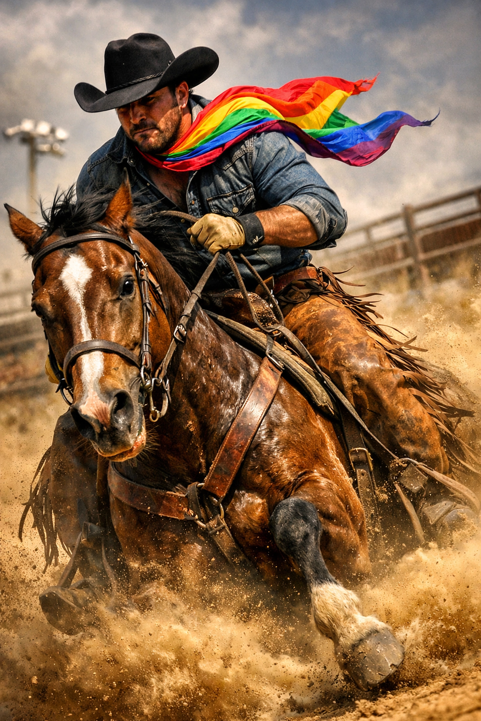 A masculine gay cowboy riding through dust at a rodeo, a popular trope in contemporary MM romance books.