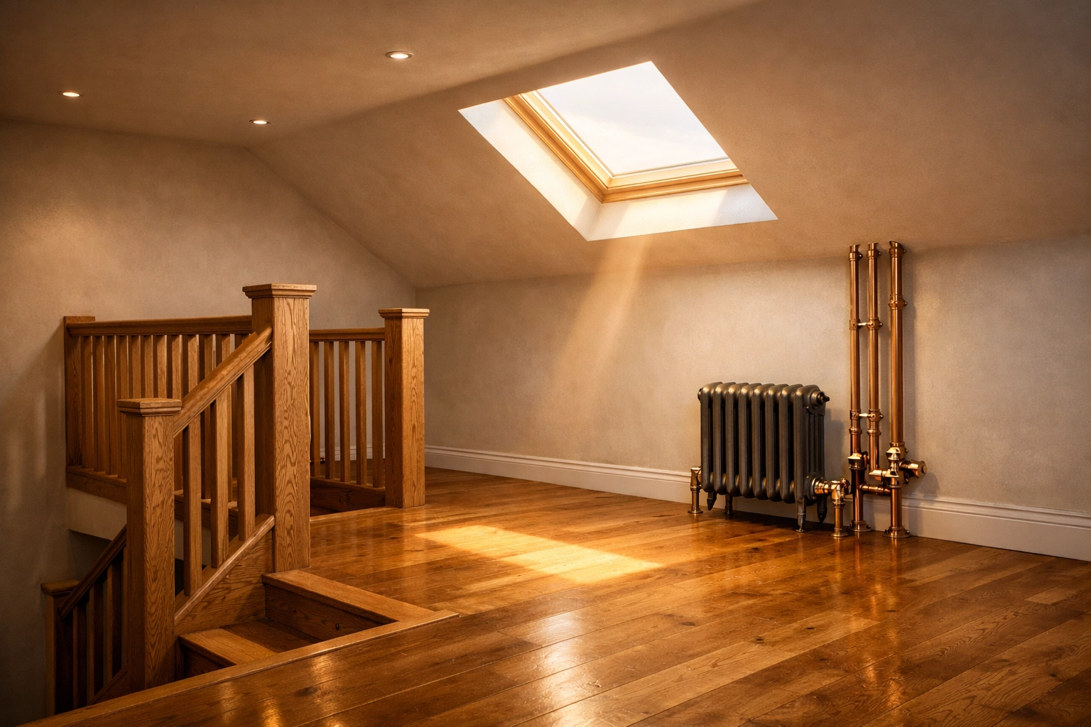 Finished loft conversion interior in West Sussex featuring a bespoke oak staircase and skylight.