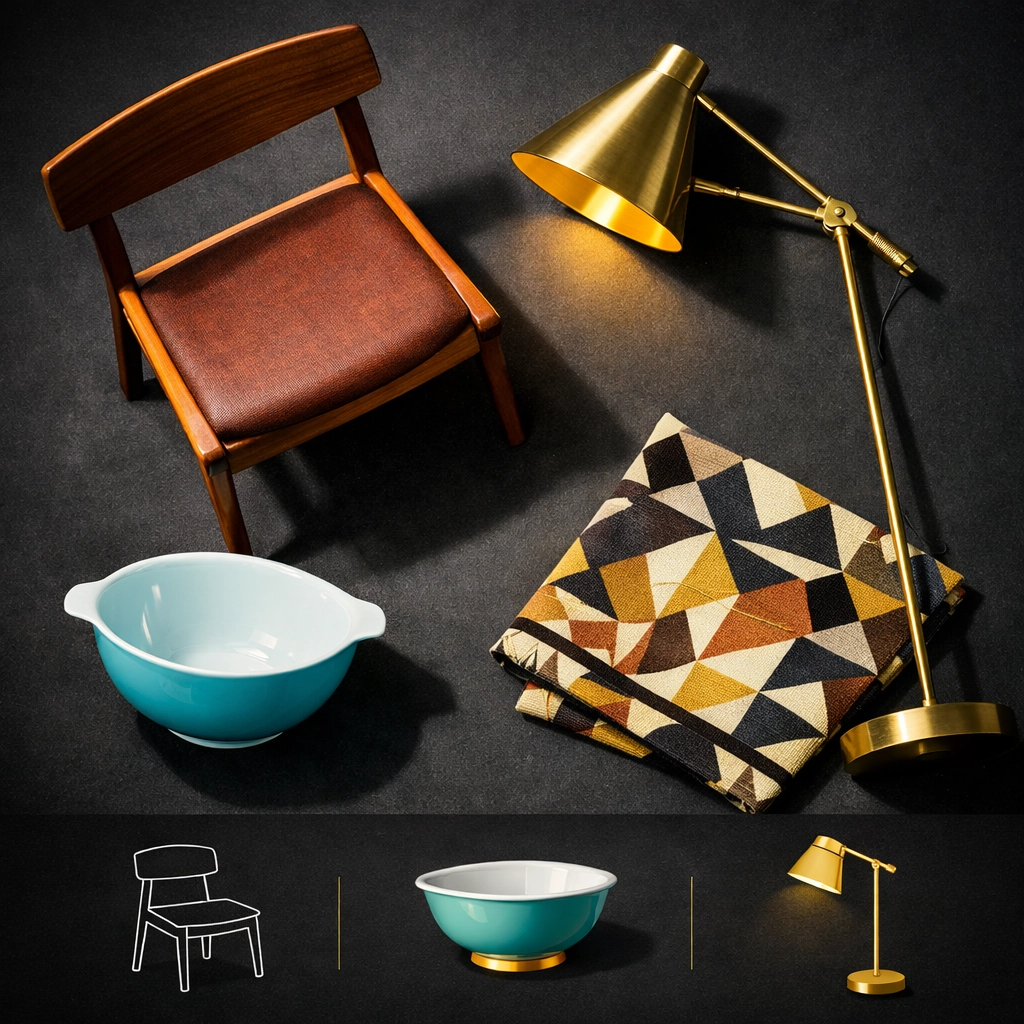 Vintage mid-century items including Pyrex bowls and brass lamp popular at estate auctions