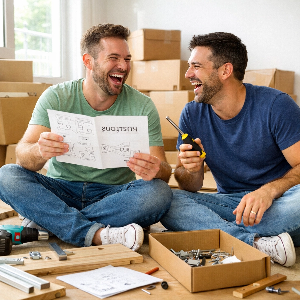 Gay couple laughing while assembling furniture in new shared apartment