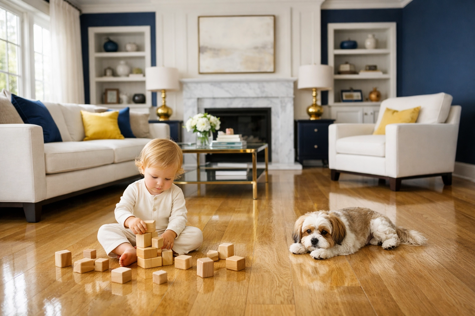 Toddler and dog playing on clean hardwood floors using eco-friendly Worcester house cleaning services.