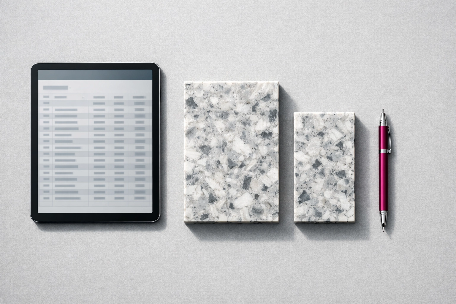 Recycled plastic samples and digital tablet displaying material data for embodied carbon reporting in Australia.