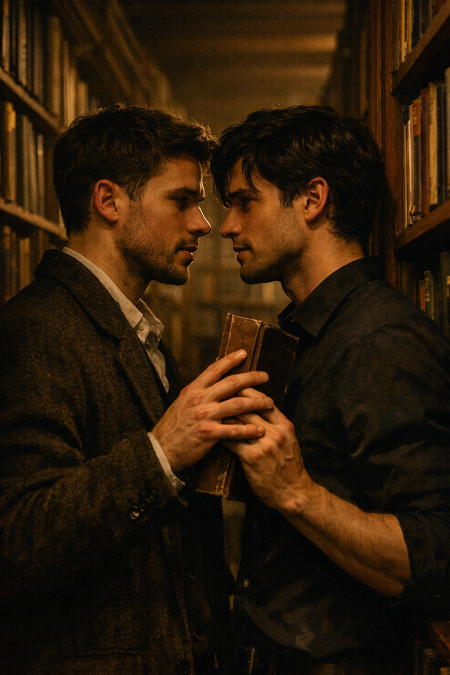Two men touching hands in a library aisle, capturing the forced proximity trope in popular gay love stories.