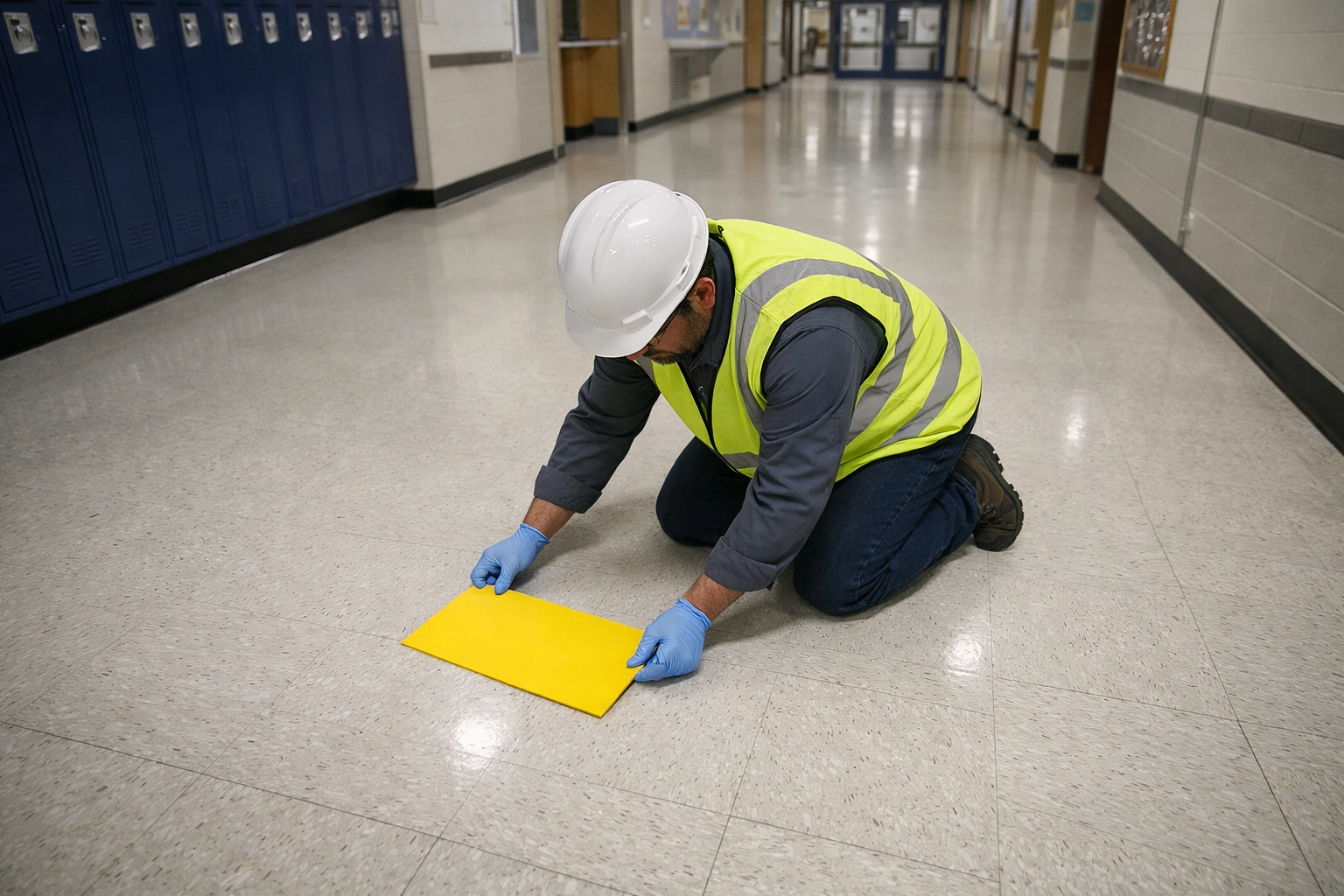 Certified technician using a sampling template for lead dust testing to ensure EPA compliance.
