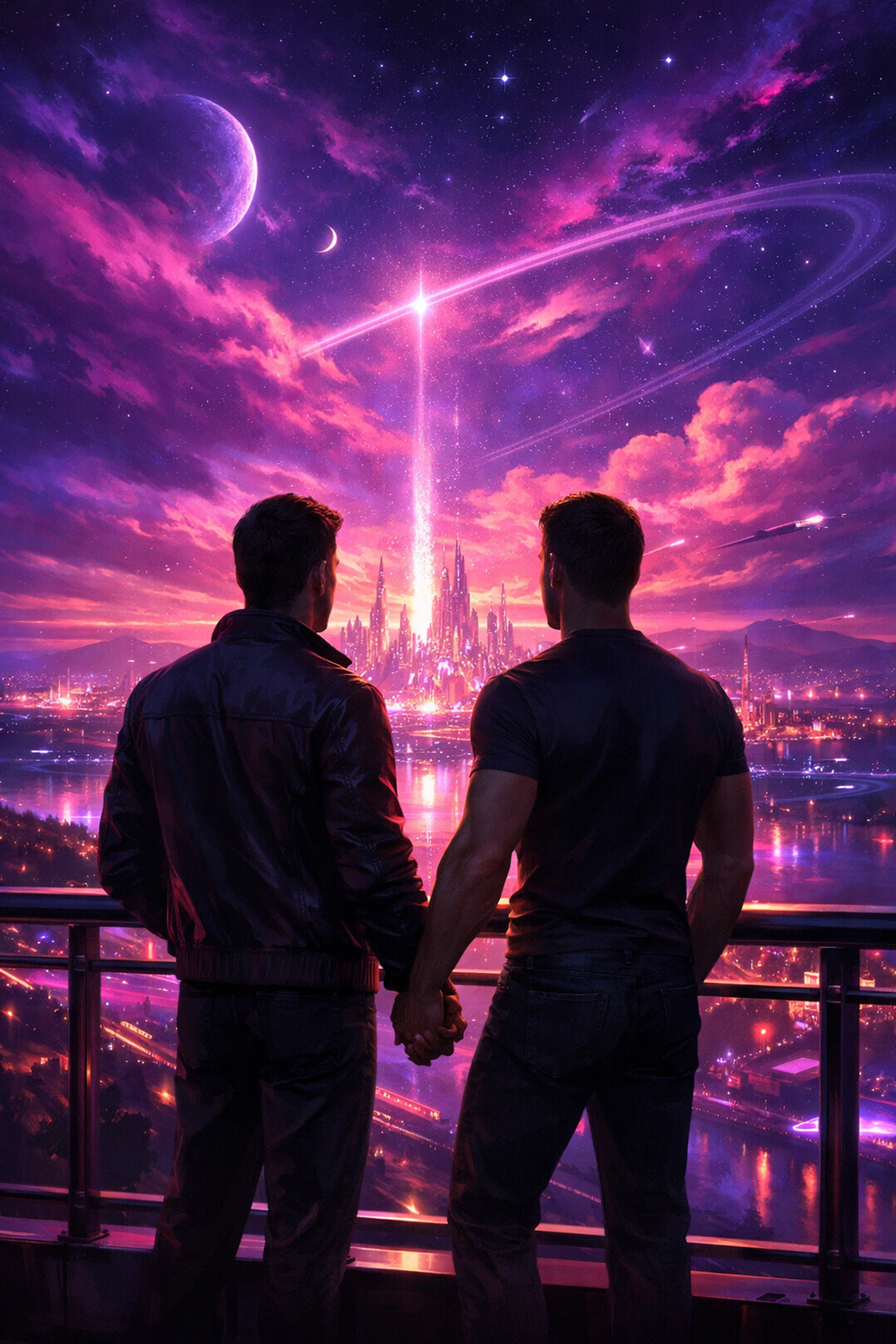A gay couple holding hands and envisioning a brighter future under a colorful sky.