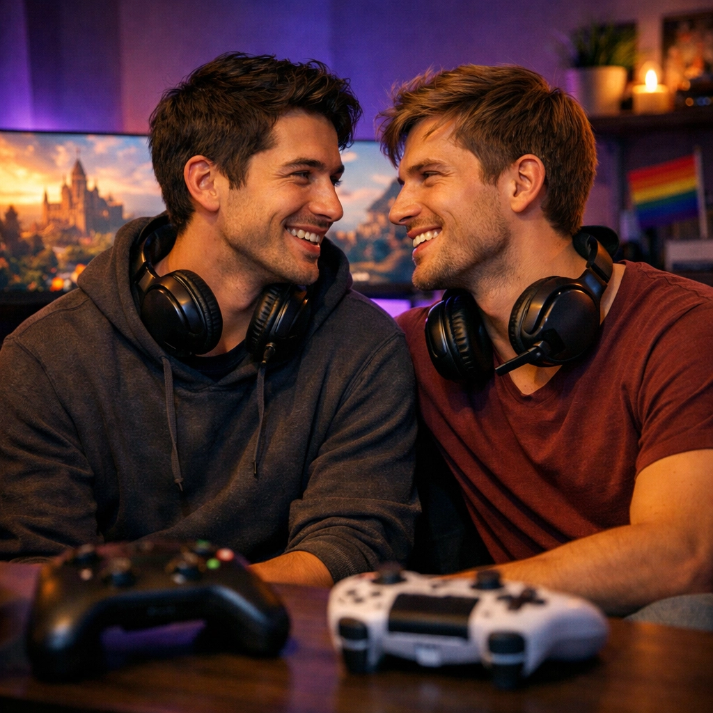 Two gay gamers connecting while playing MMORPG together in gaming room