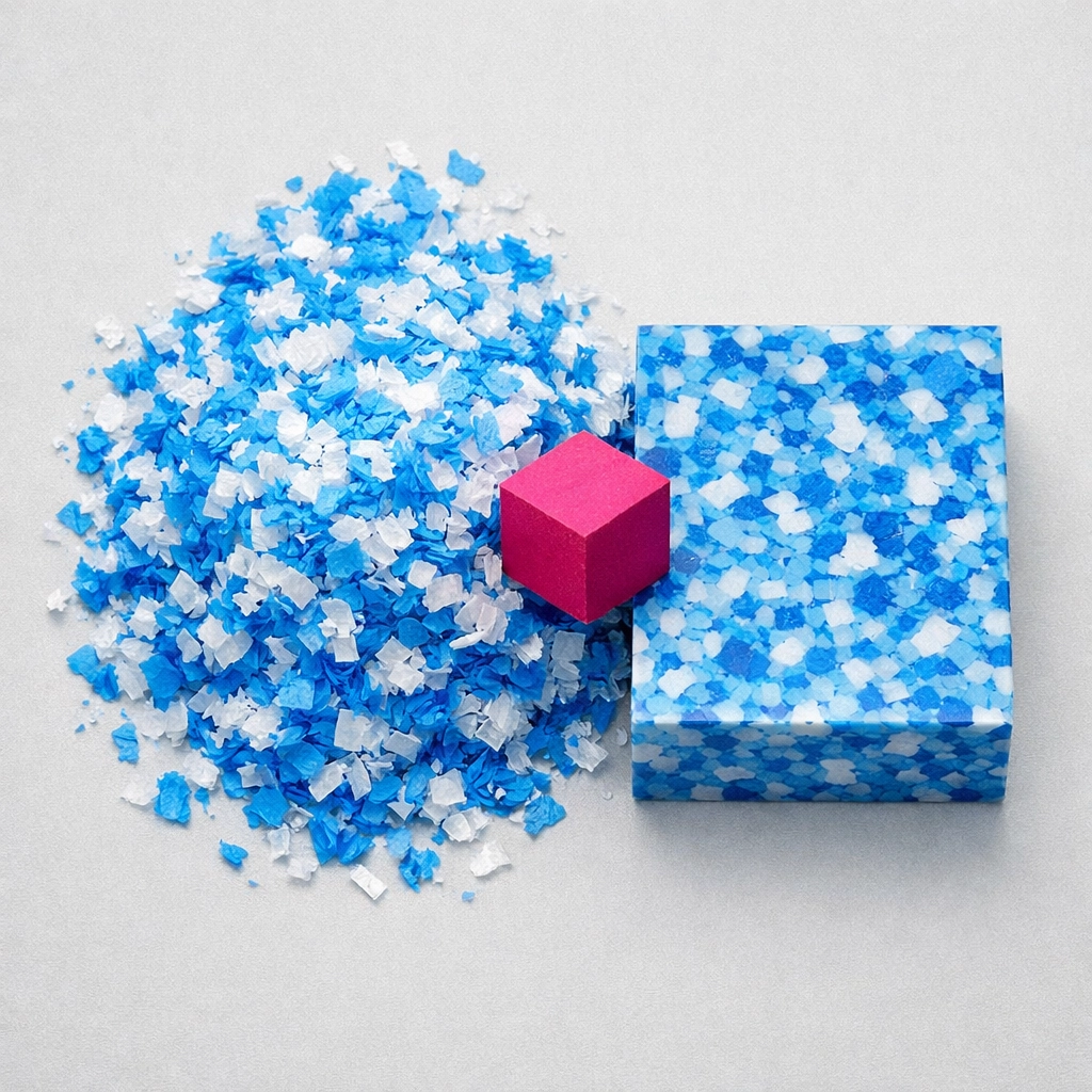 Shredded plastic flakes next to a finished recycled block, showing the transformation in a closed-loop program.