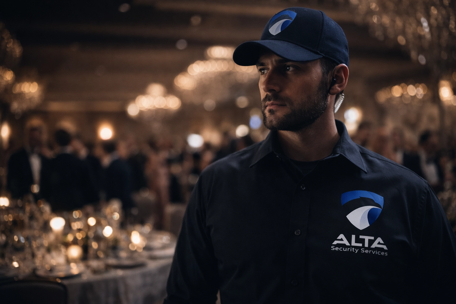 Professional event security guard monitoring VIP gala in Richmond to protect guests and reputation