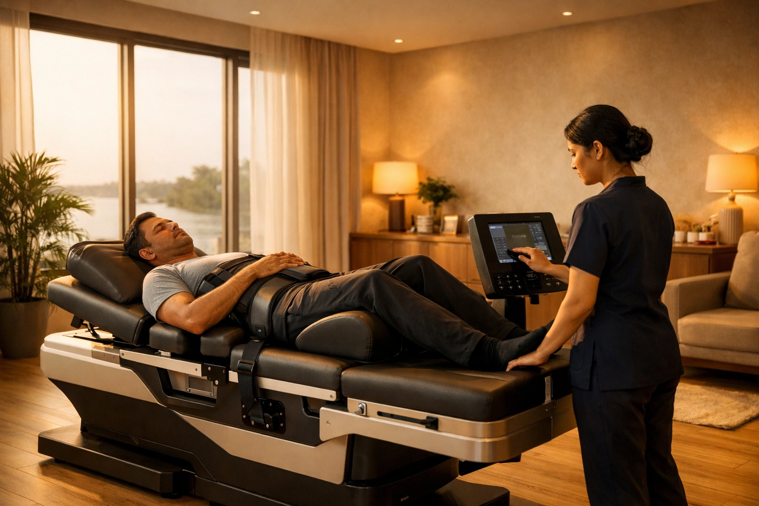 Non-surgical spinal decompression treatment at a Kochi physiotherapy clinic using advanced Kinetrac technology.