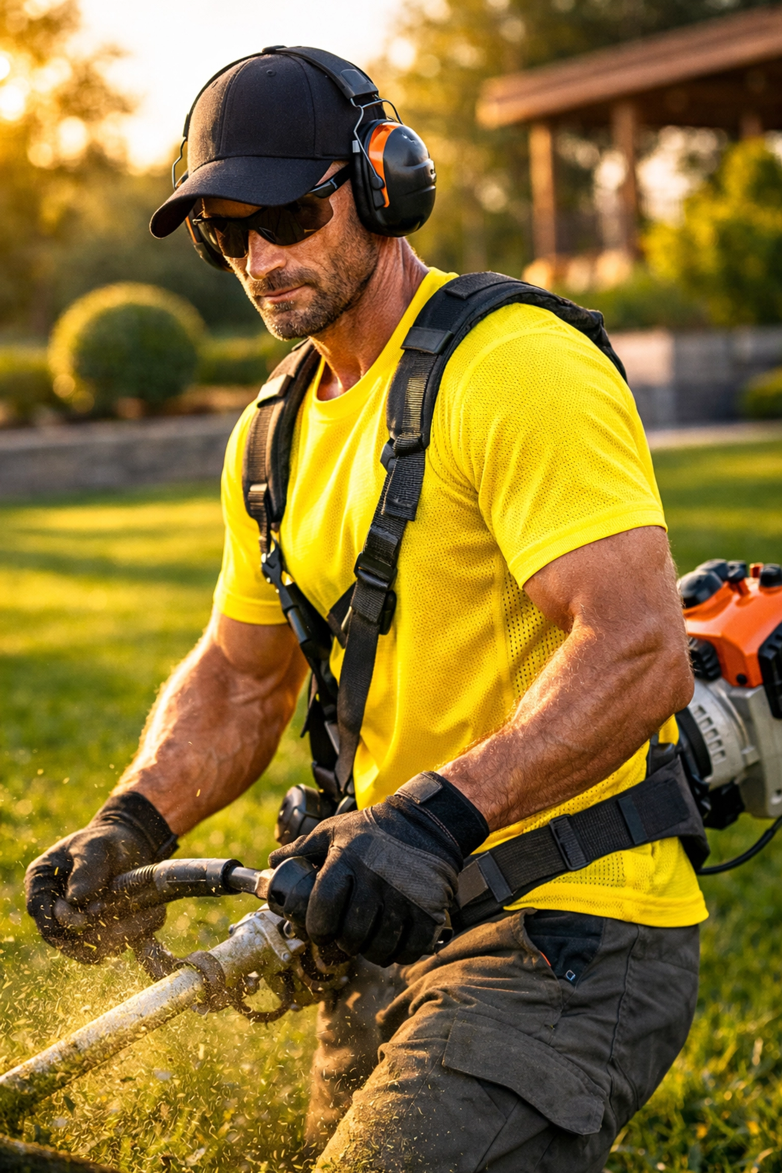 Bright yellow moisture-wicking custom t-shirt worn by a professional landscaper.