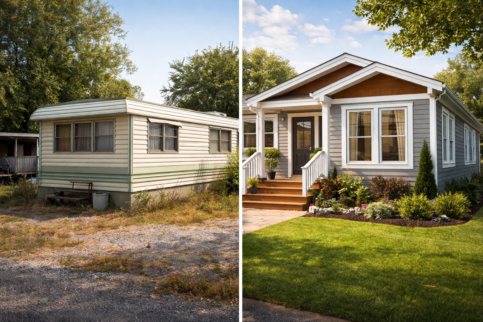 Side-by-side comparison of a 1970s mobile home versus a modern manufactured home exterior