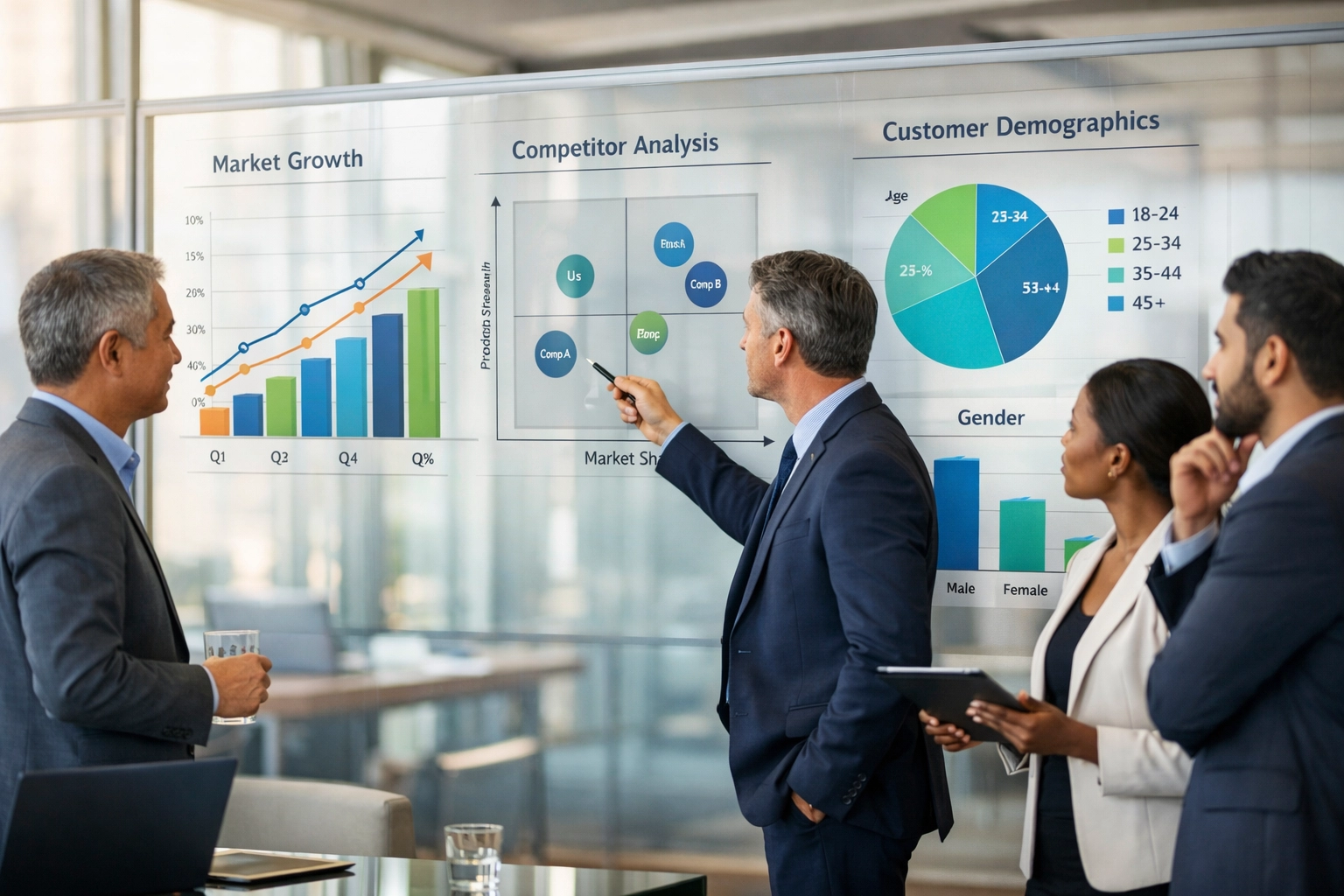 Business executives analyzing commercial due diligence data and market growth charts