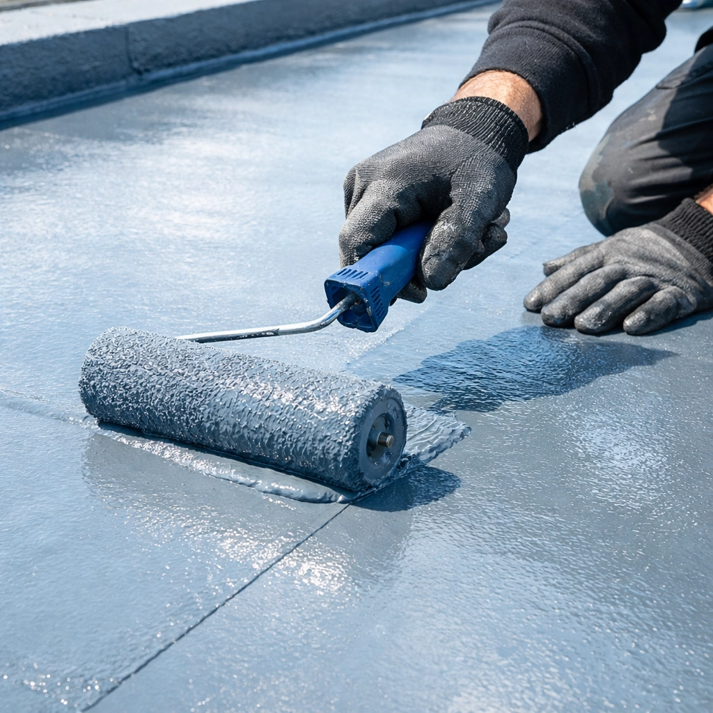 Professional application of liquid roofing membrane onto flat roof surface