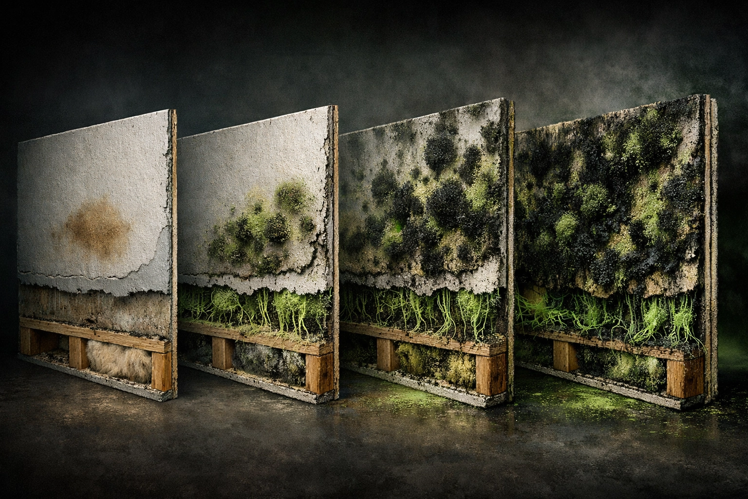 Mold growth progression on drywall showing rapid colonization from water damage within 24-48 hours