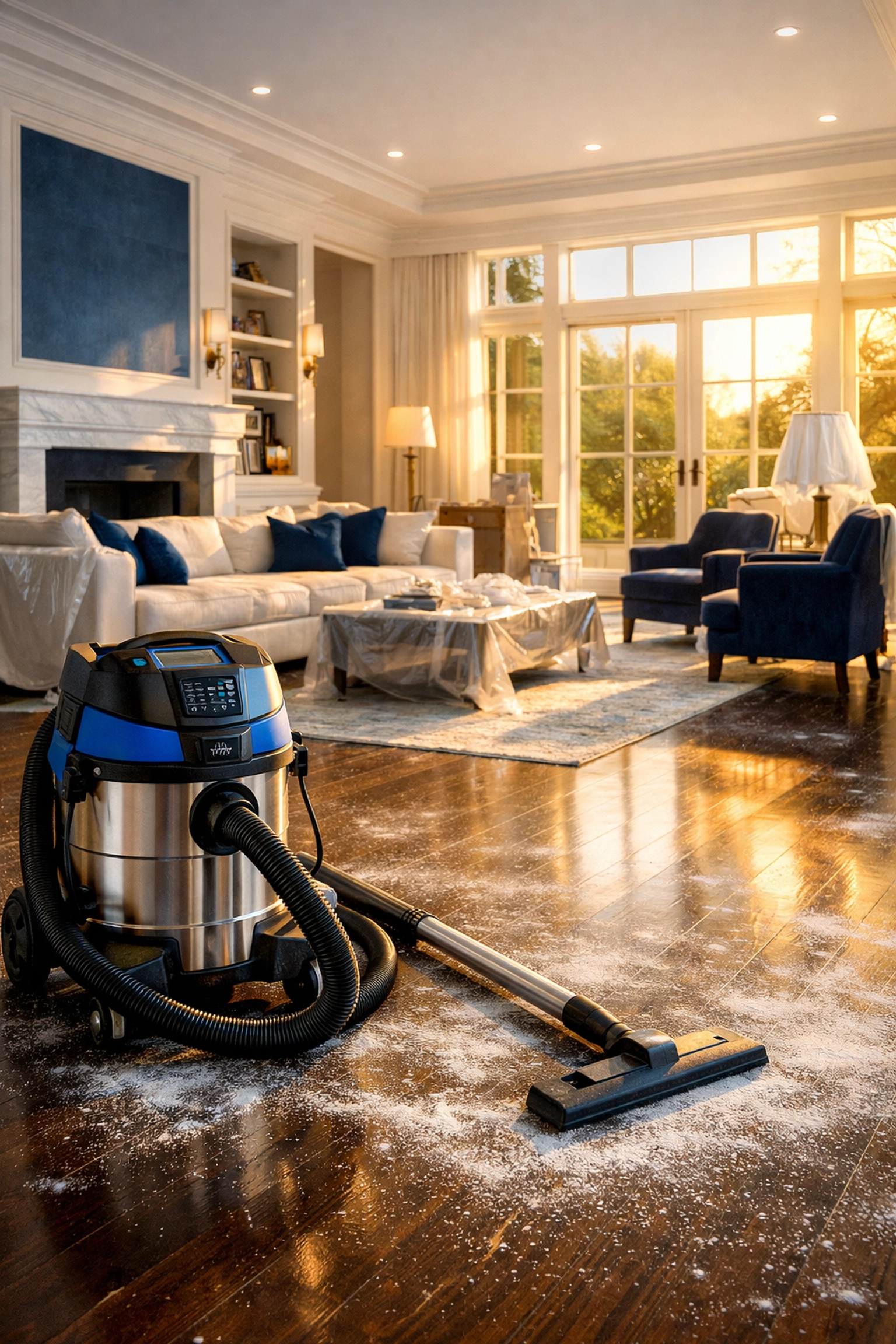 Professional industrial vacuum removing fine dust from a luxury Massachusetts home after renovation.