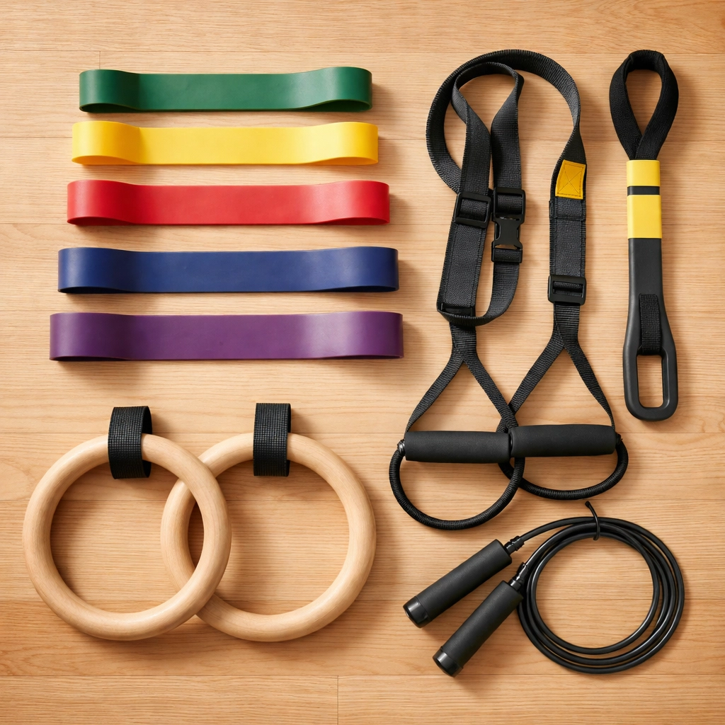 Flat lay of resistance bands, suspension trainer, gymnastics rings, and jump rope for building a budget-friendly, versatile home gym