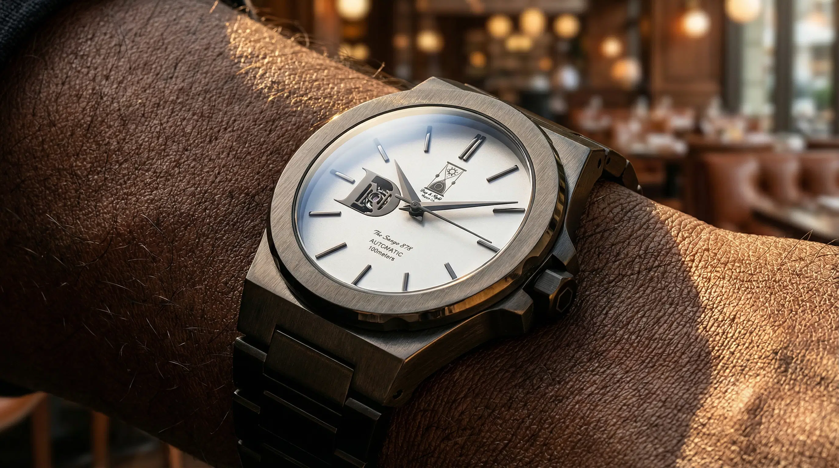 Close-up of The Sango 878 Gunmetal Eclipse highlighting the brushed stainless steel texture.