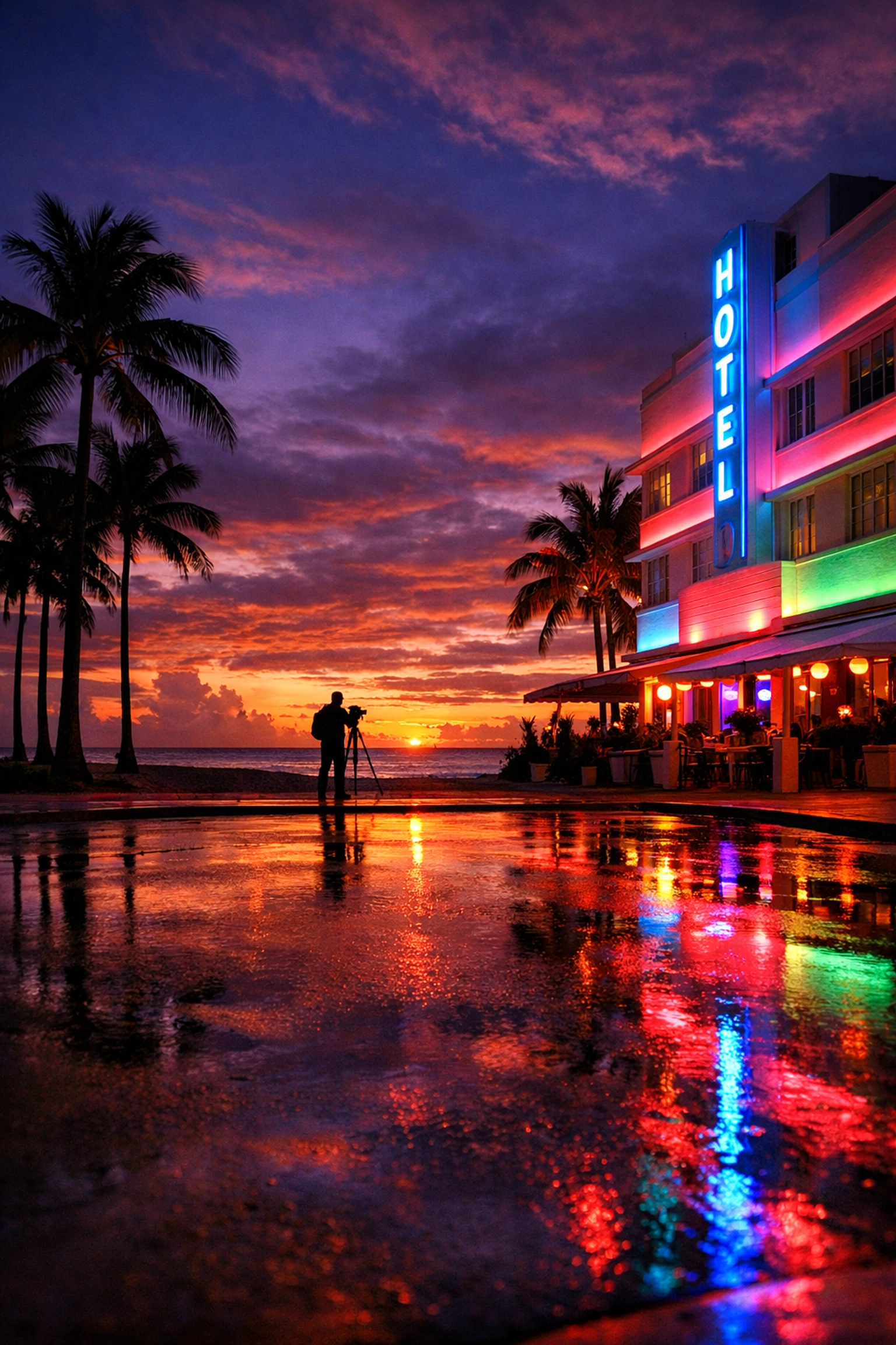 Professional photographer capturing the iconic Art Deco scenery and sunset at South Beach, Miami.