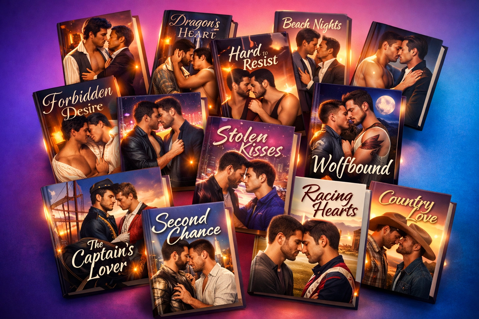 Diverse collection of MM romance book covers featuring historical, contemporary, and fantasy gay fiction titles