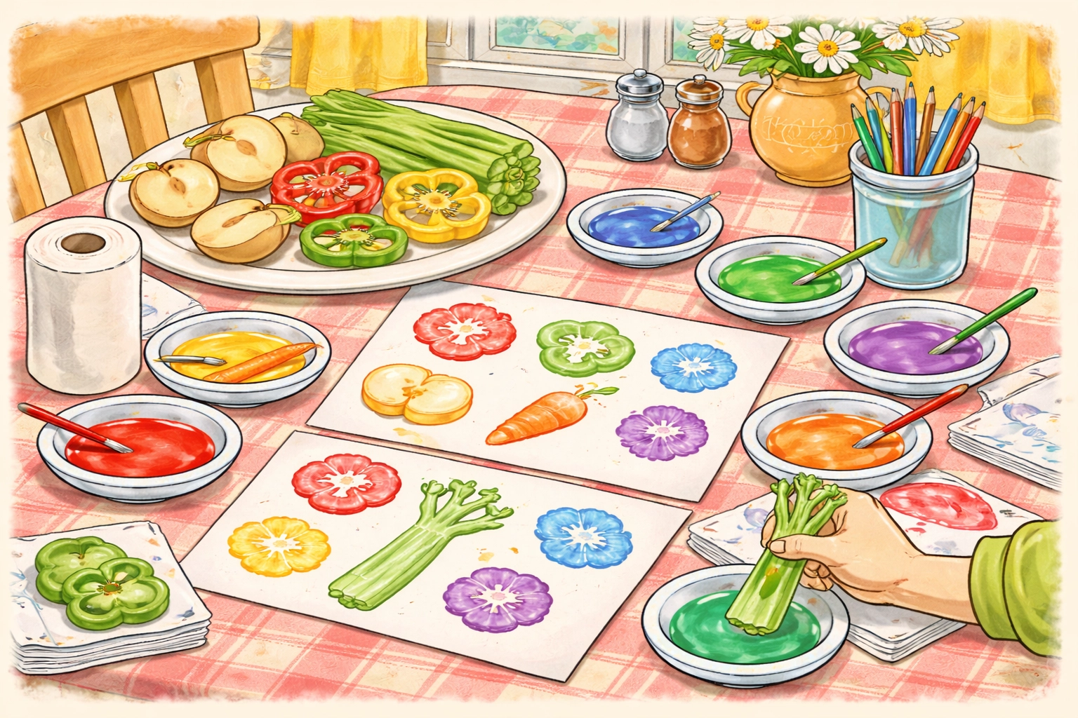 Children's art project setup with cut vegetables and paints for food stamping activity on a kitchen table
