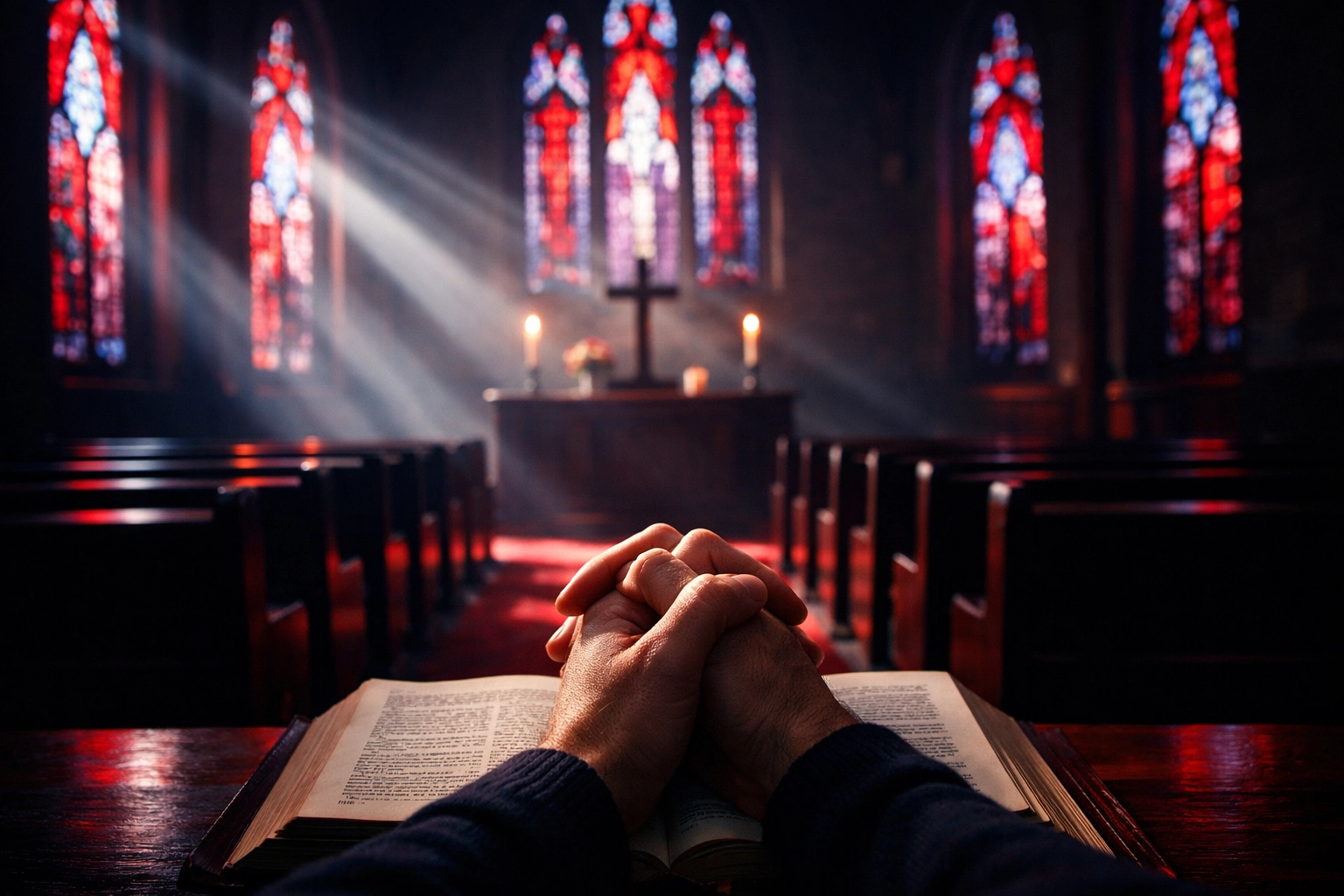 Church sanctuary with hands in prayer over open Bible for spiritual reflection