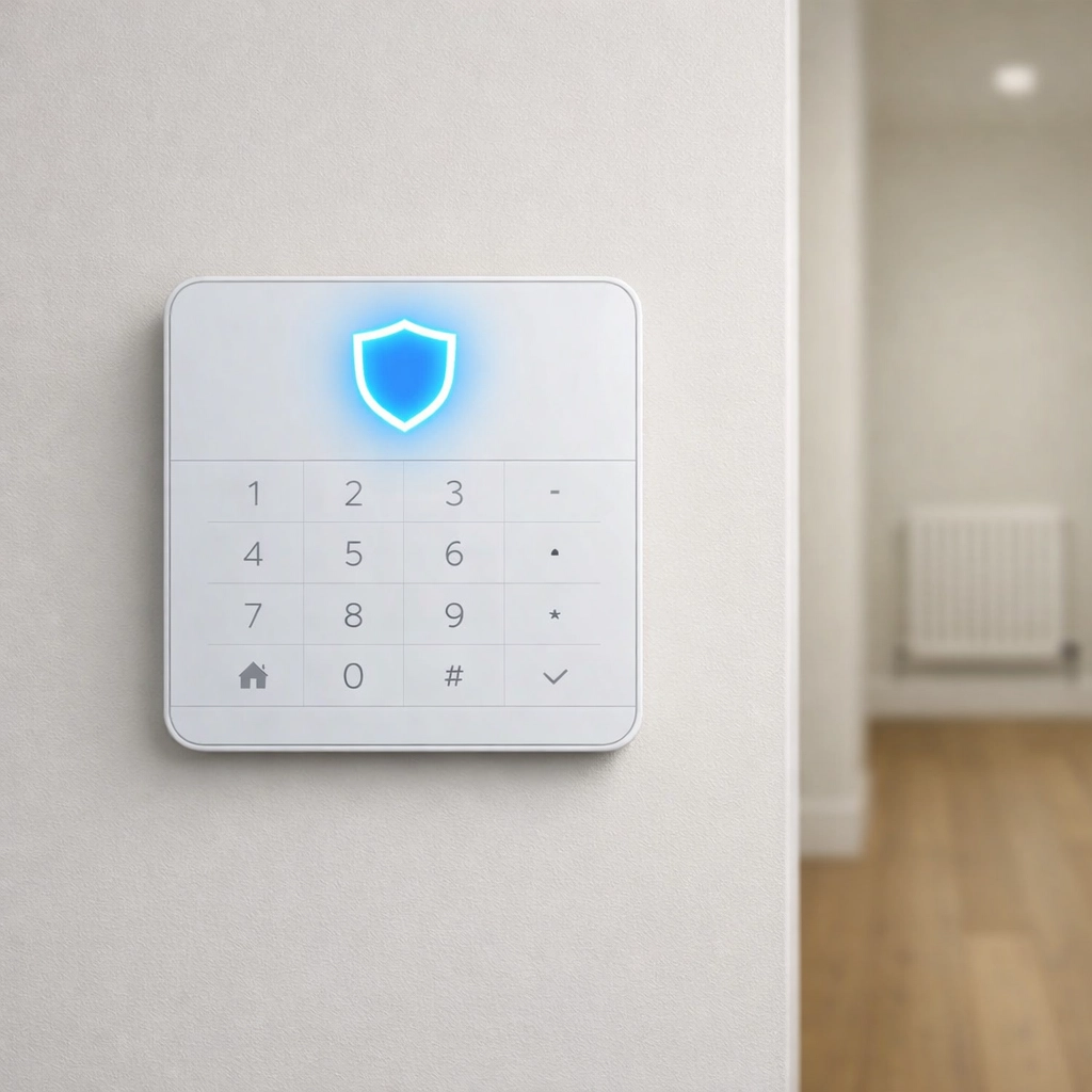 Modern home security alarm keypad with active status for reliable property protection in Winchester.