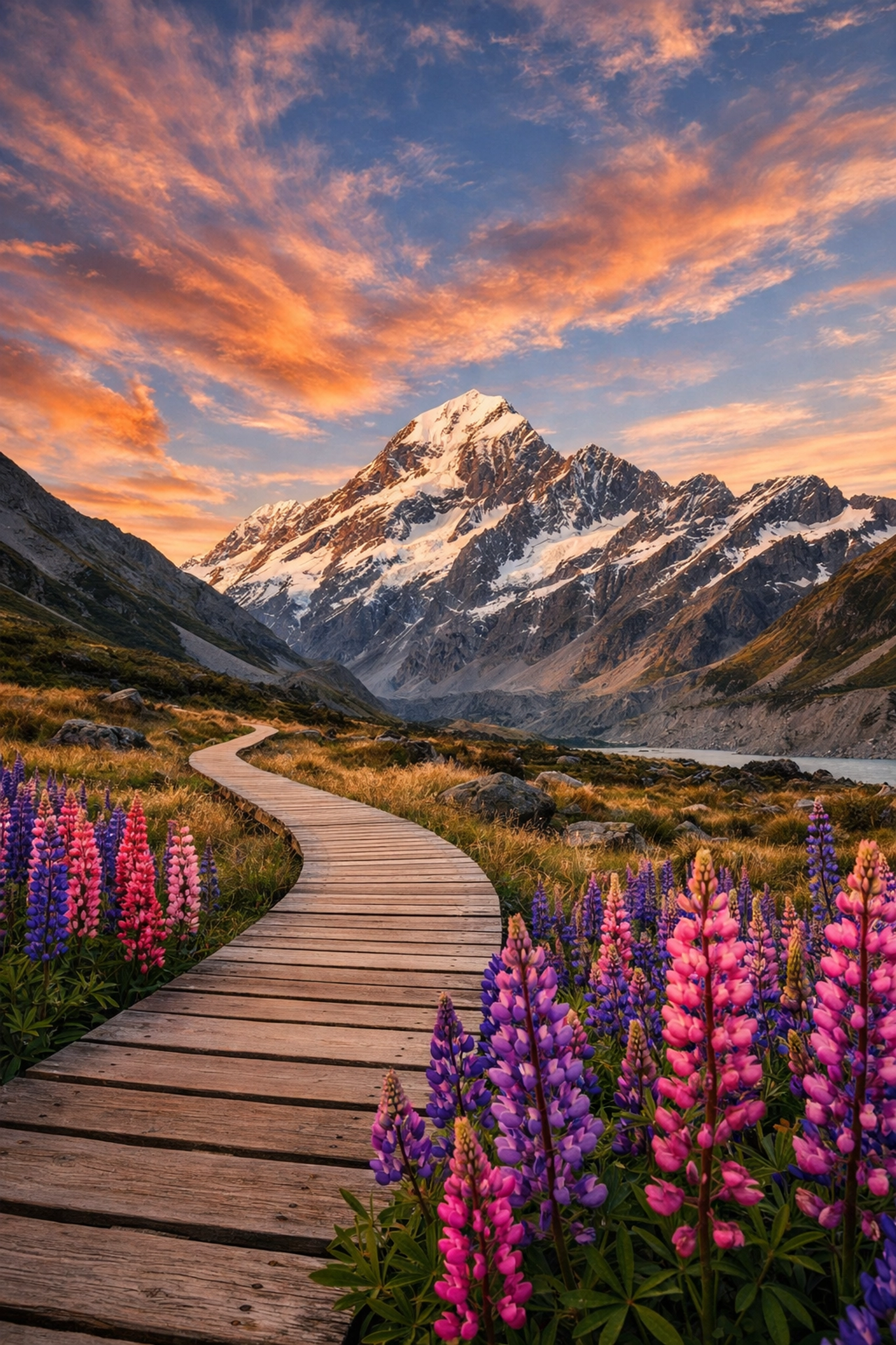 Landscape photography composition featuring leading lines and vibrant flowers at the base of a mountain.