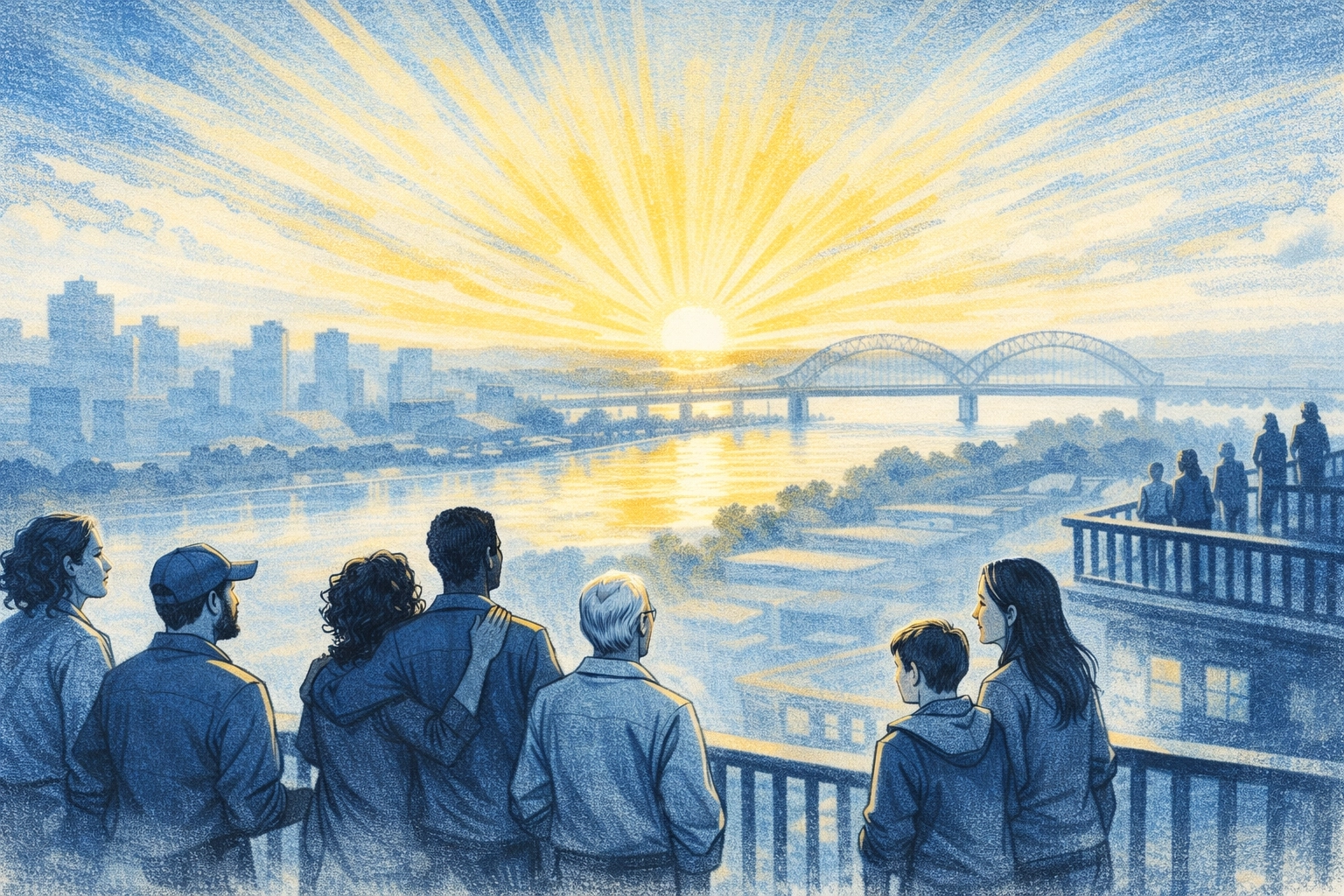 Diverse Memphis residents looking hopefully at sunrise over the Mississippi River cityscape
