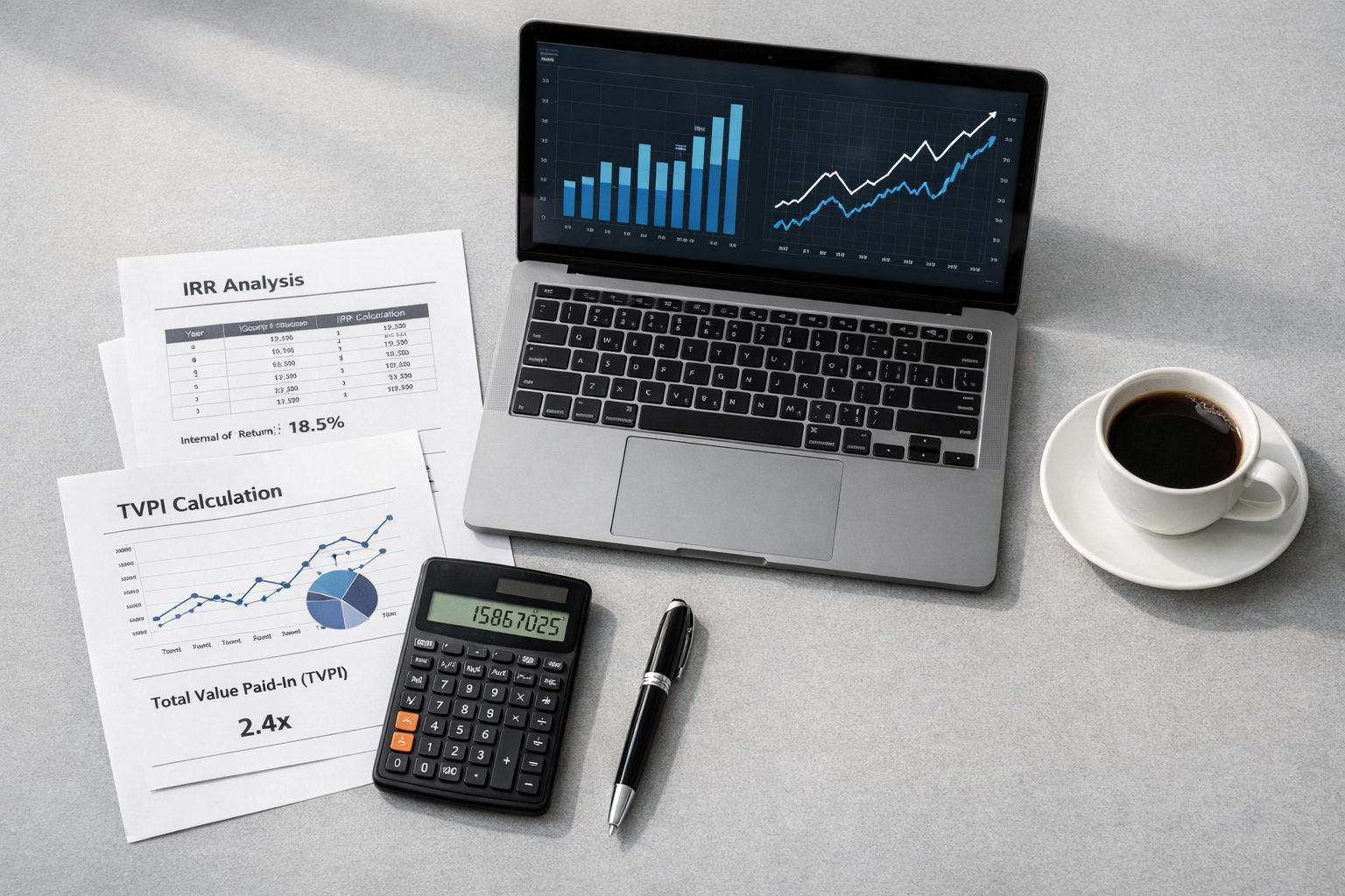Private equity performance metrics including IRR and TVPI calculations on laptop and documents