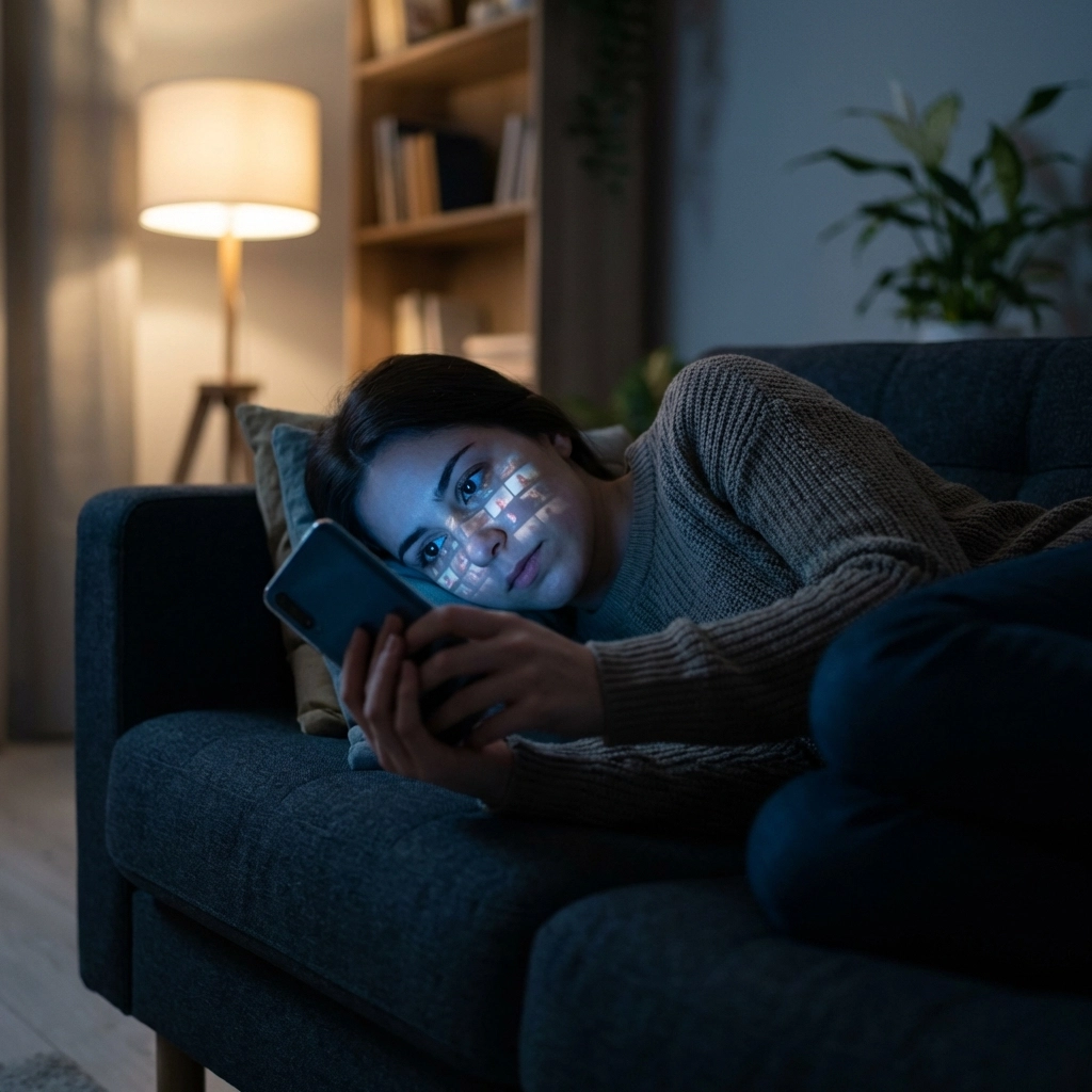 Young woman on couch in dimly lit room absorbed in smartphone, highlighting the pull of short-form video content