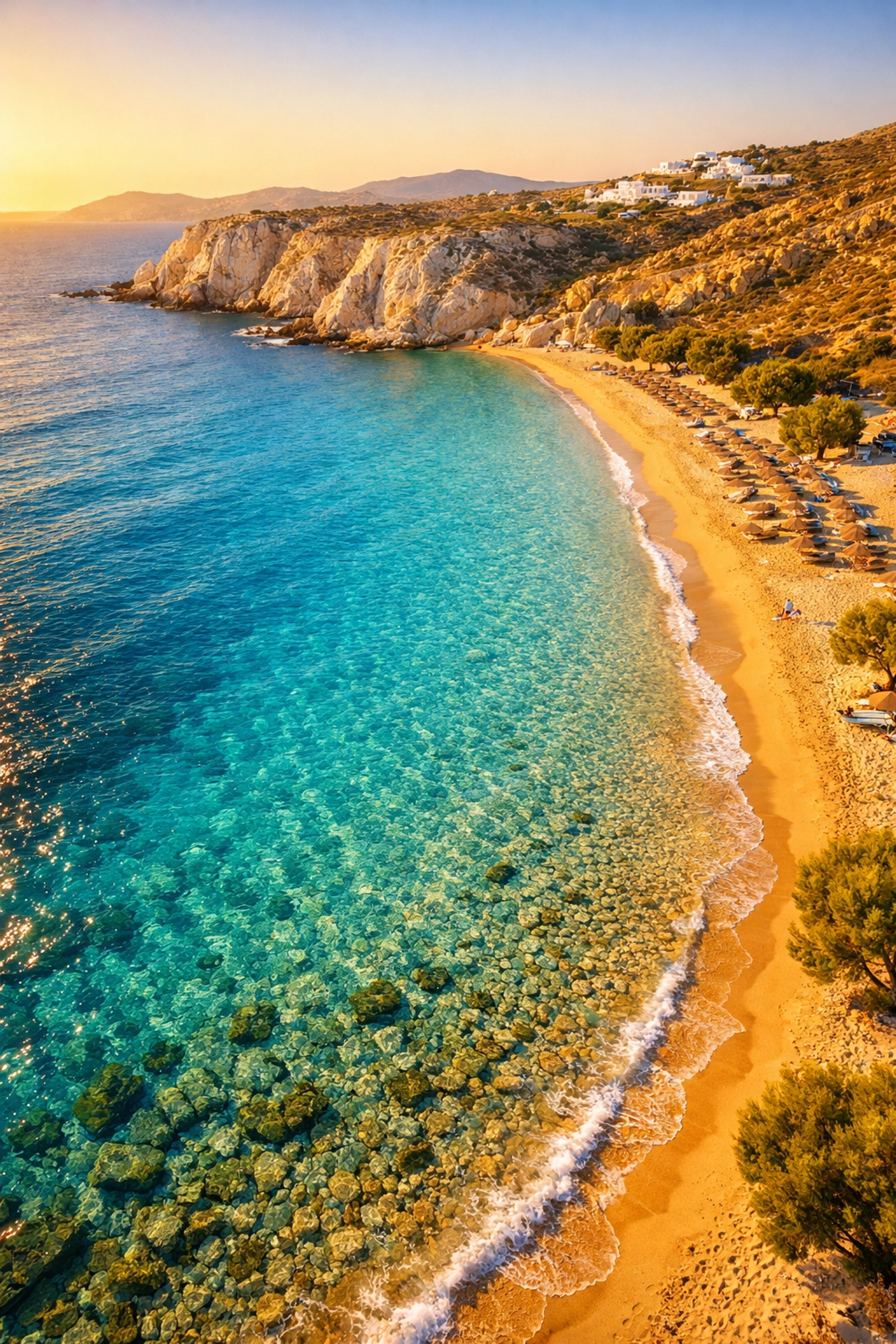 Aerial view of Elia Beach Mykonos with turquoise Aegean waters and golden sand, popular LGBTQ gay beach