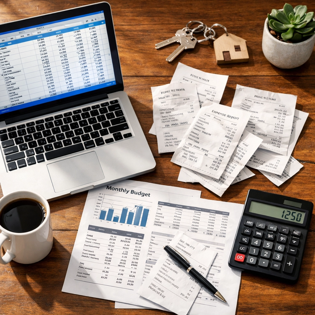 Landlord tracking rental property finances with spreadsheet and financial documents on desk