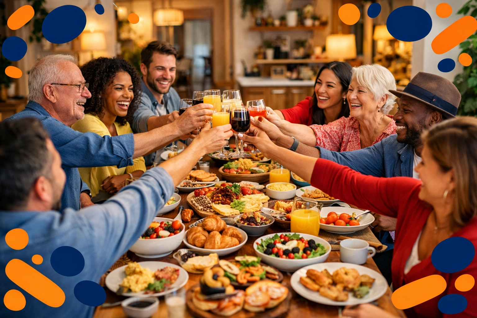 Friends gathered for Sunday brunch around a long table, celebrating easy hosting with rented gear
