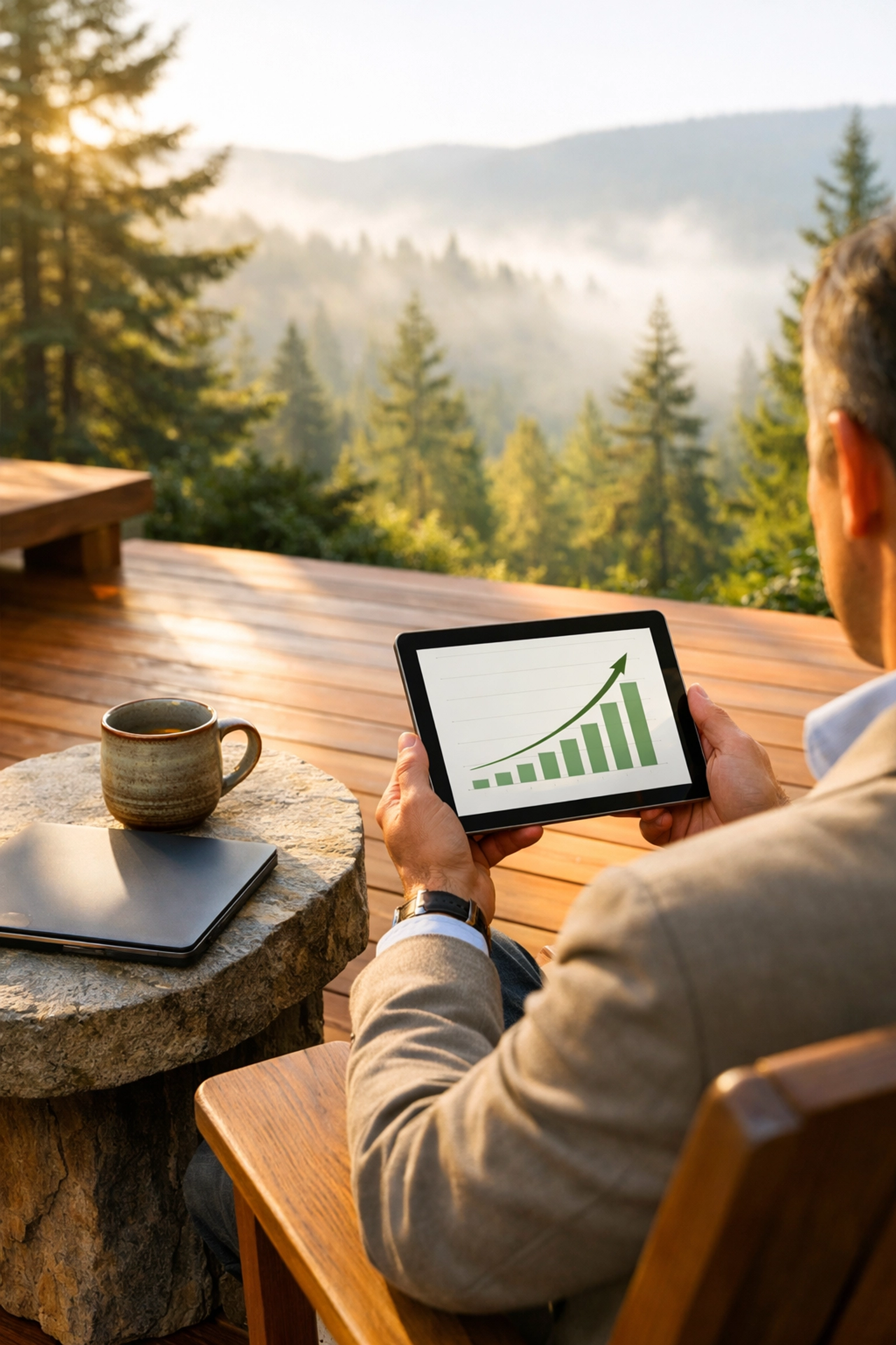 Successful solopreneur reviewing financial growth graph and tax-advantaged retirement planning on a tablet.