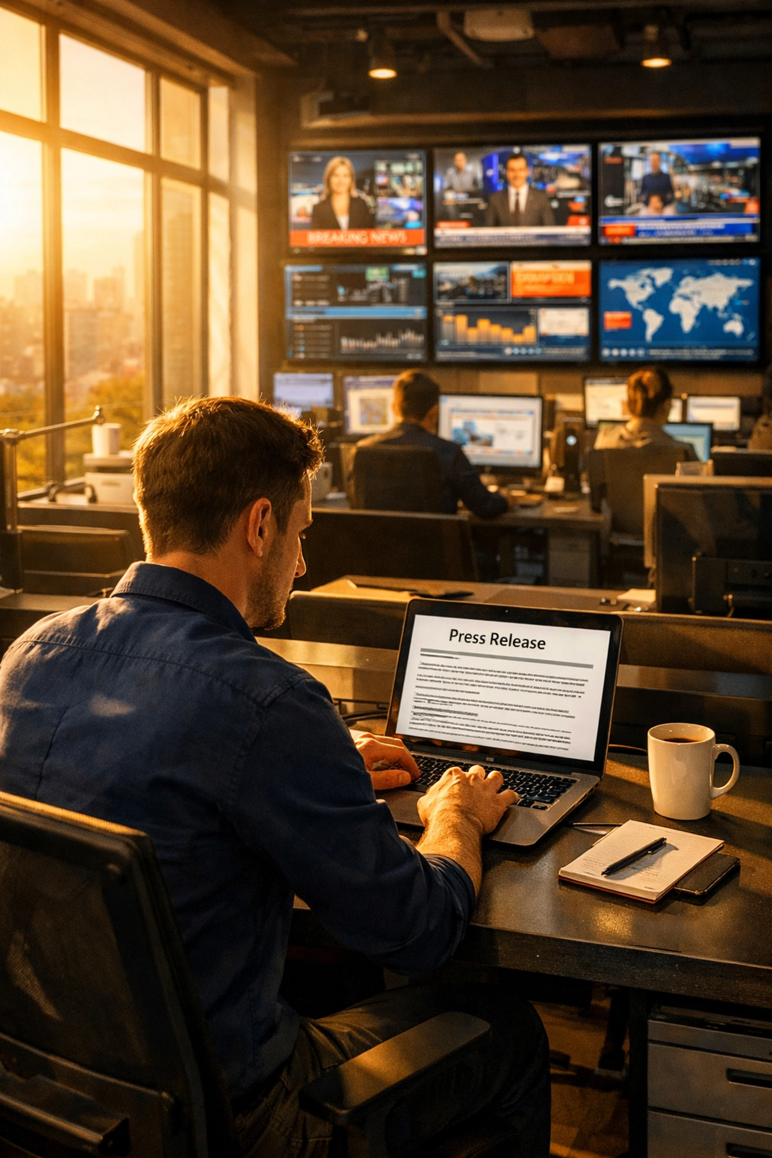 Journalist reviewing press releases in newsroom at 4PM golden hour media coverage time