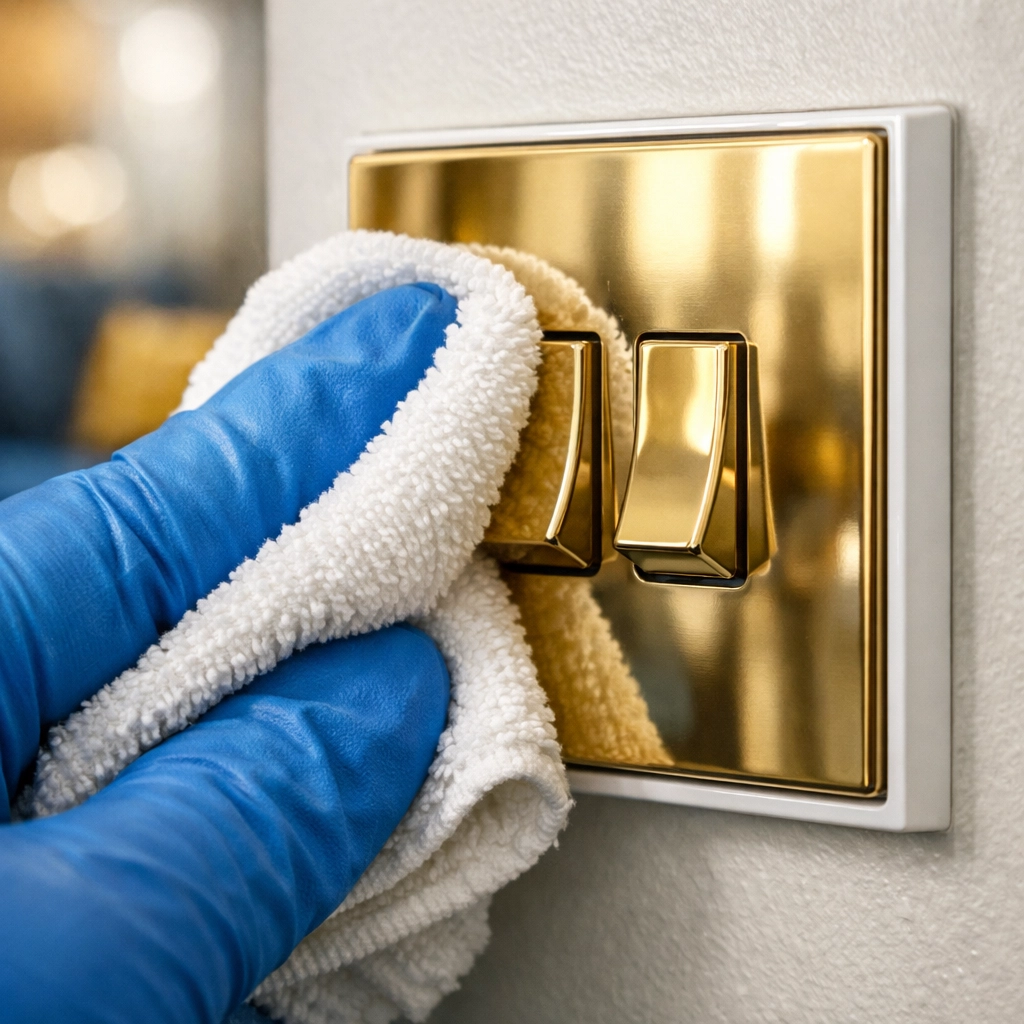 High-touch disinfection during deep cleaning in Canton MA, using a microfiber cloth to polish a light switch.