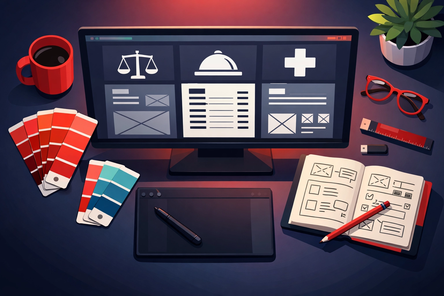 Professional web designer workspace showing industry-specific website layouts for Bristol businesses