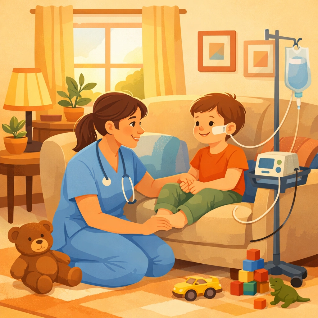 Professional nurse providing feeding tube care to child at home in Georgia