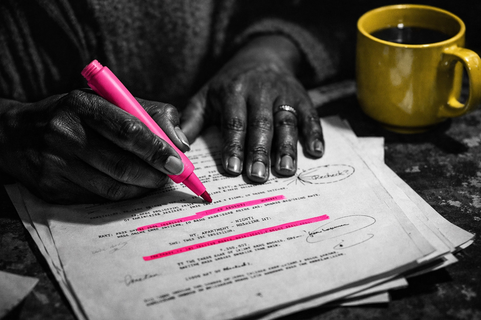 A Black woman film creator marking a script, illustrating the authentic process of an artist entrepreneur.
