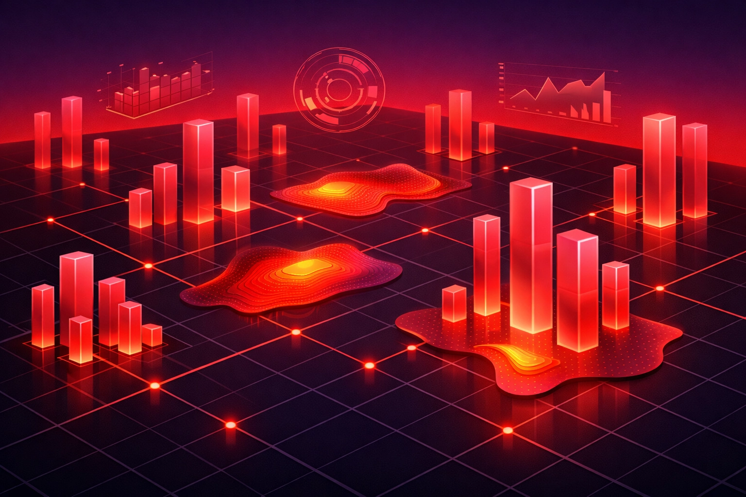 An isometric digital landscape representing website data analysis and performance tracking metrics.