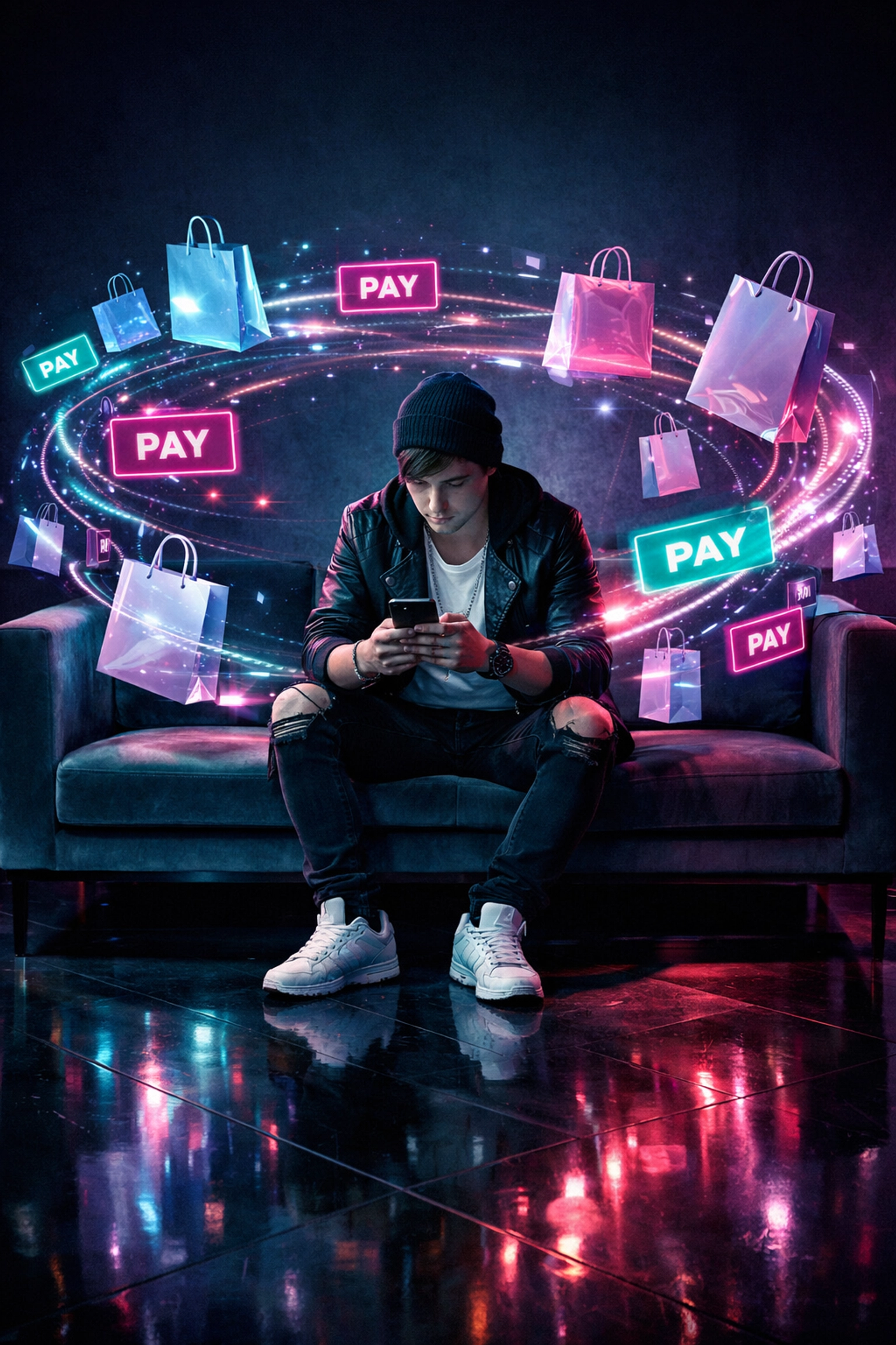 Young adult on a sofa overwhelmed by a digital vortex of shopping bags, representing Gen Z debt traps.