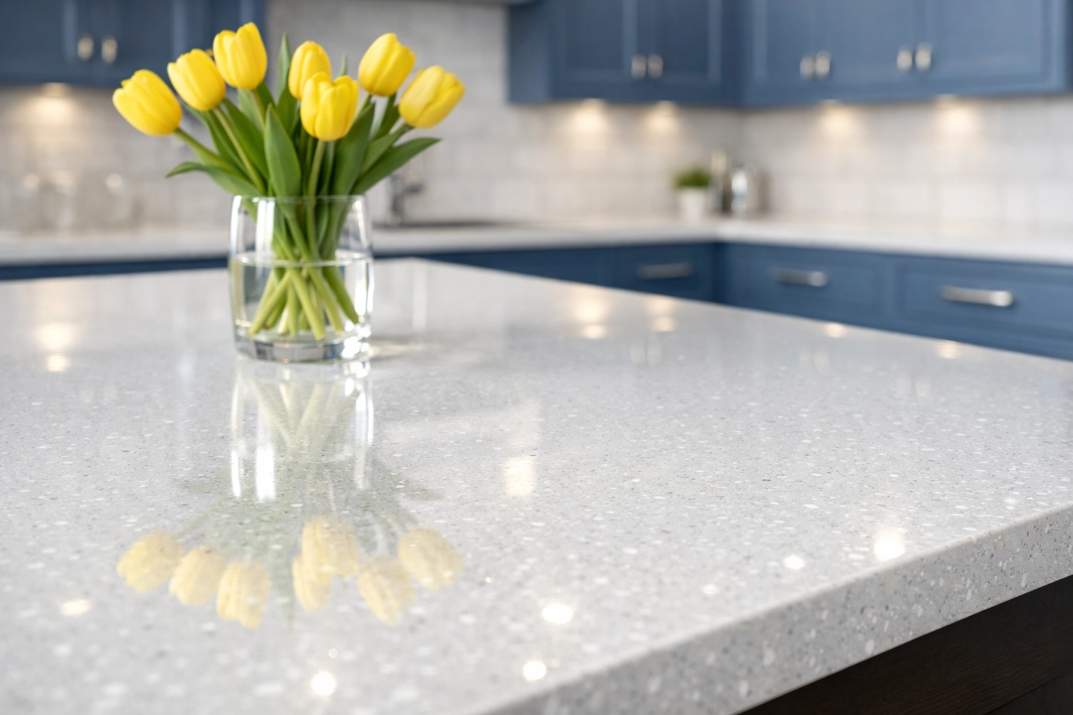 Sparkling clean white quartz kitchen island in Westford home showing high-quality house cleaning.