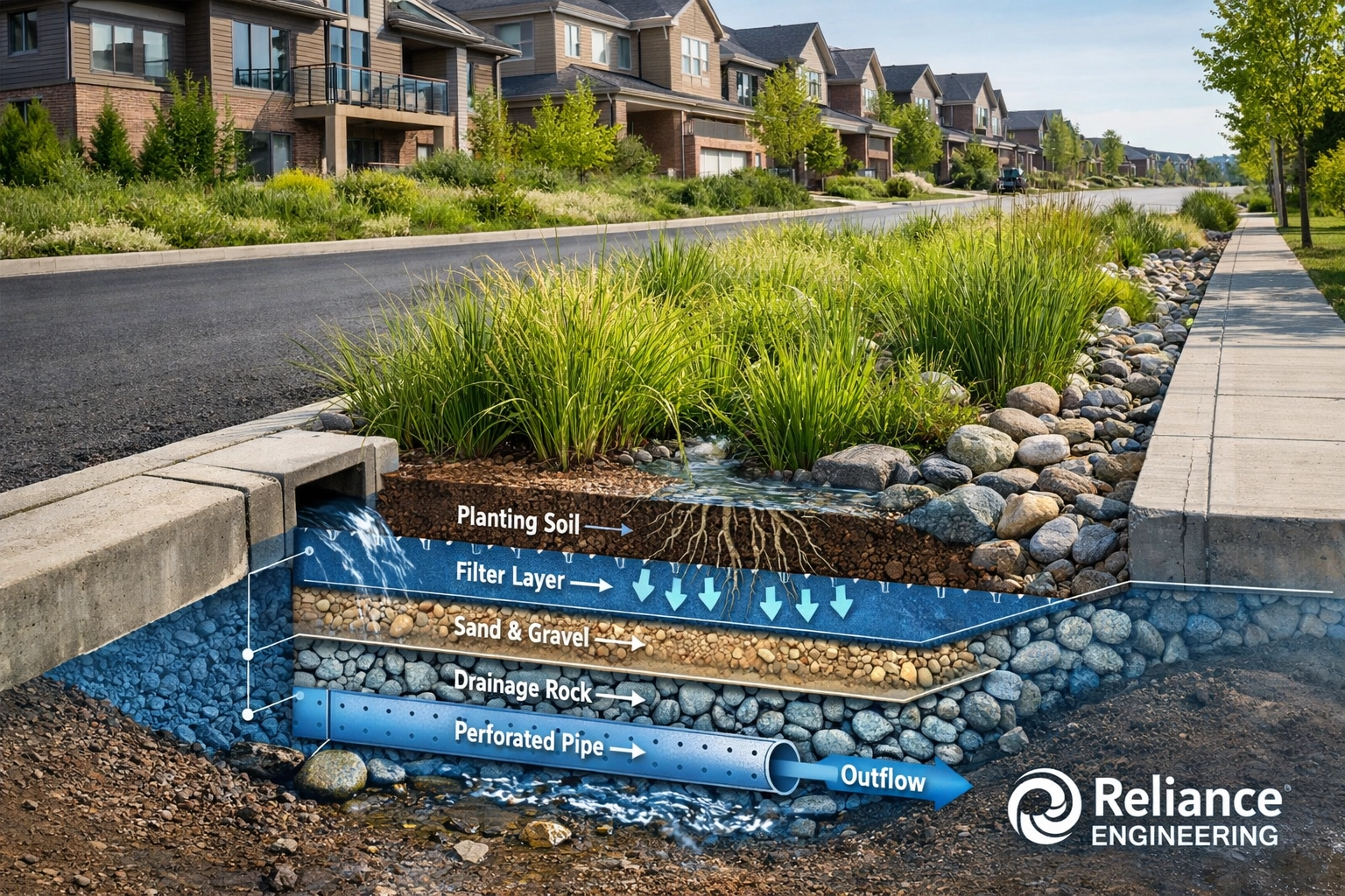 Integrated bioswale and stormwater management design for a sustainable Ontario land development.