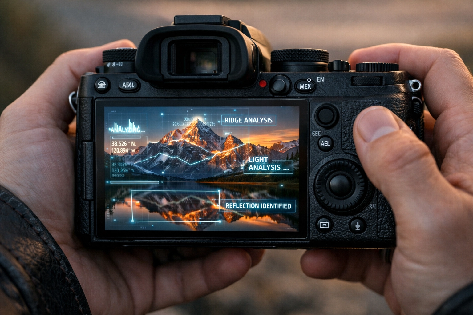 Mirrorless camera displaying AI image analysis on screen, highlighting the latest AI photography news.