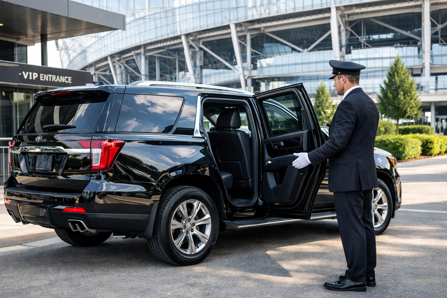 NEWSLETTER: Super Bowl VIP Secrets Revealed: What Elite Concierge Services Don't Want You to Know Chauffeur opening the door of a luxury SUV at a Super Bowl VIP stadium entrance for executive transport.