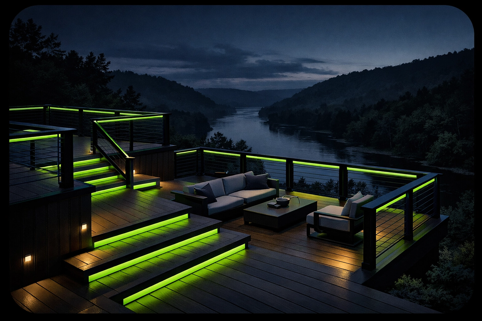 High-end custom deck construction in Jefferson City MO overlooking the river at dusk.