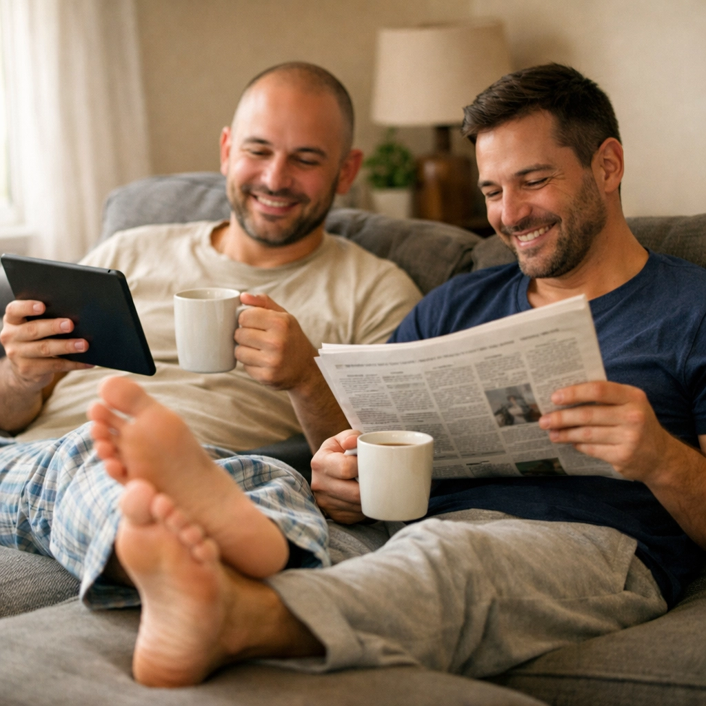 Married men reading newspaper together on couch during relaxed Sunday morning