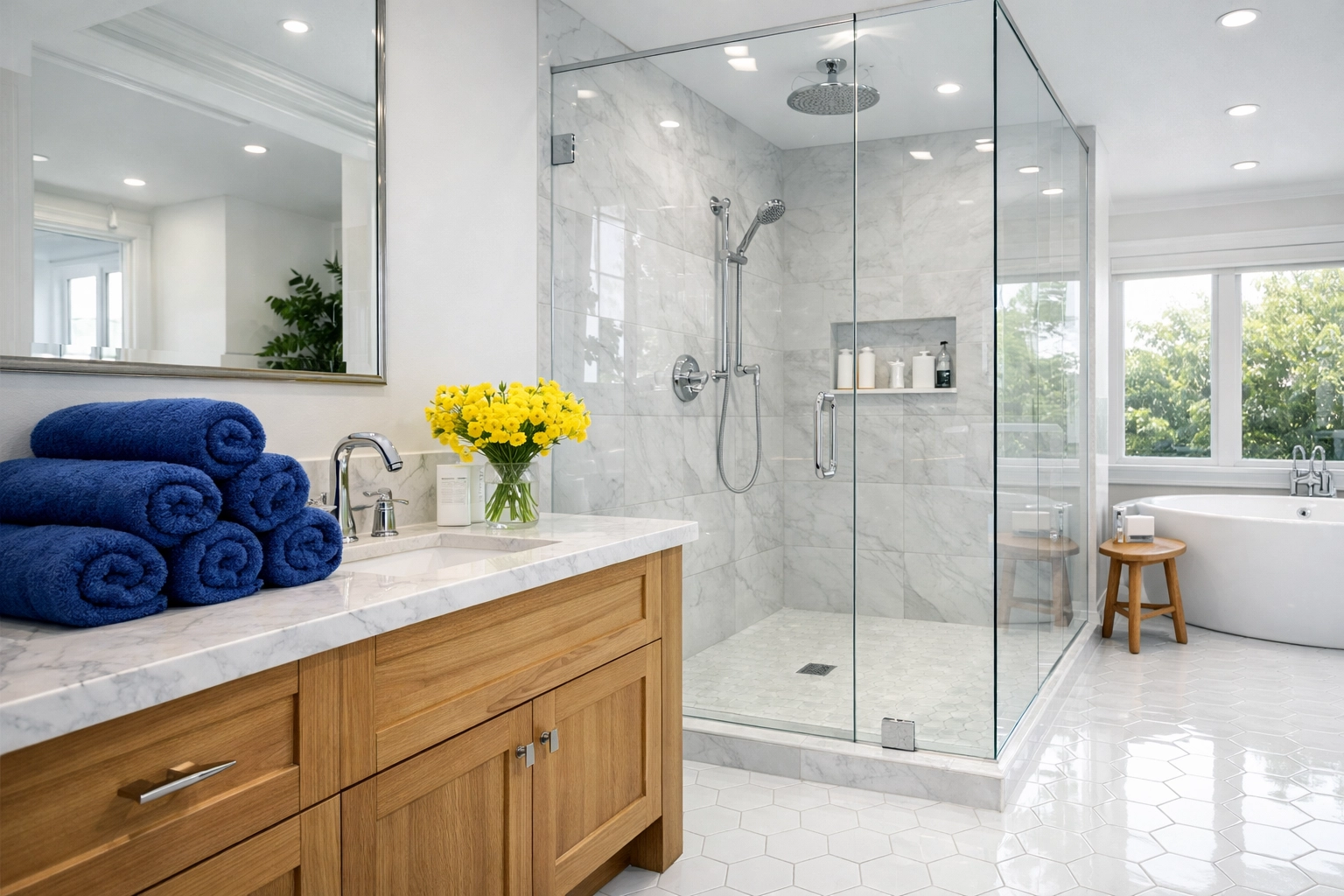 Spotless luxury bathroom in Natick MA following a deep cleaning service from the cleaning ninjas.