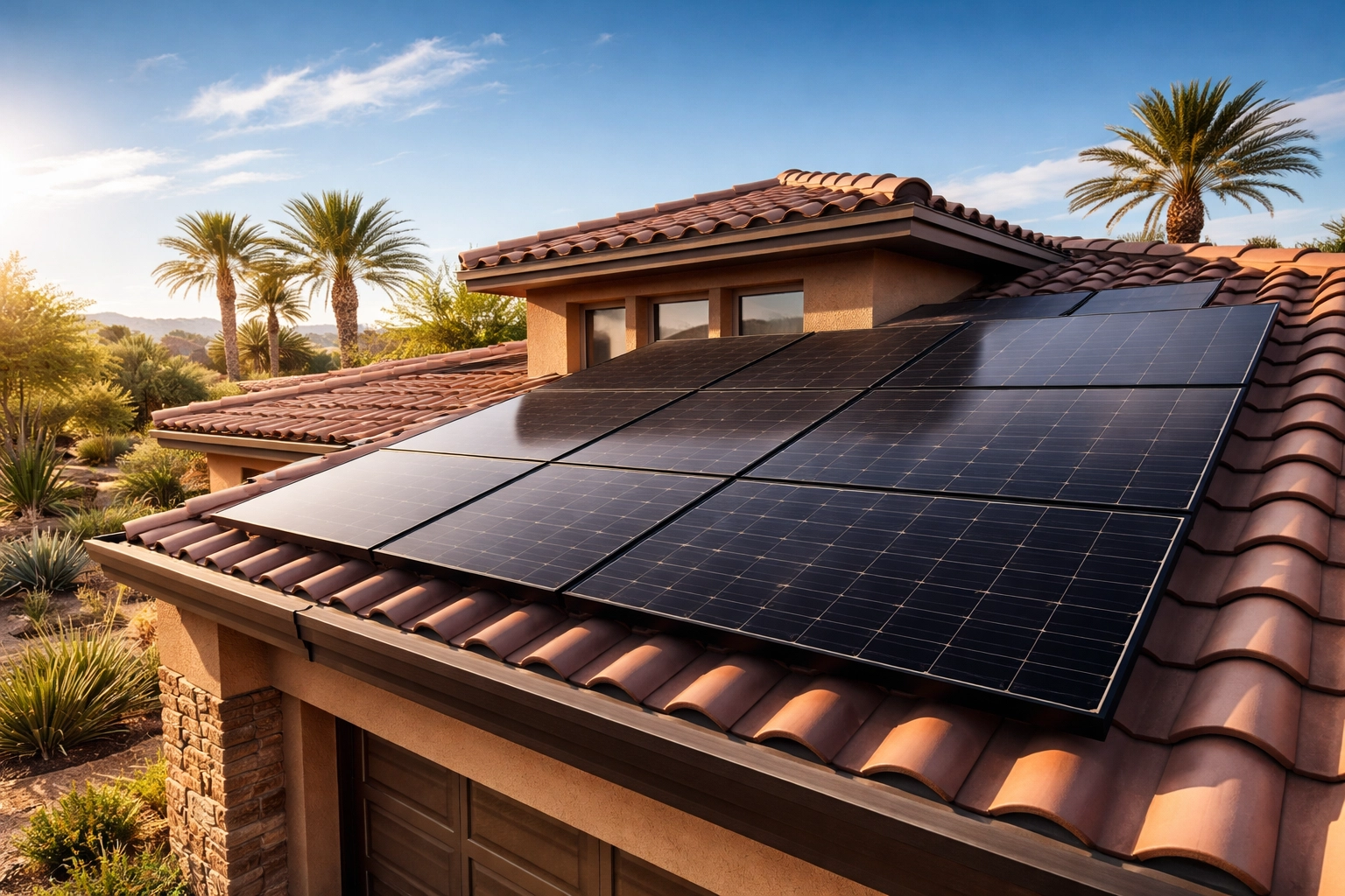 Modern Arizona home with paid off solar panels under bright sunshine, perfect for energy savings