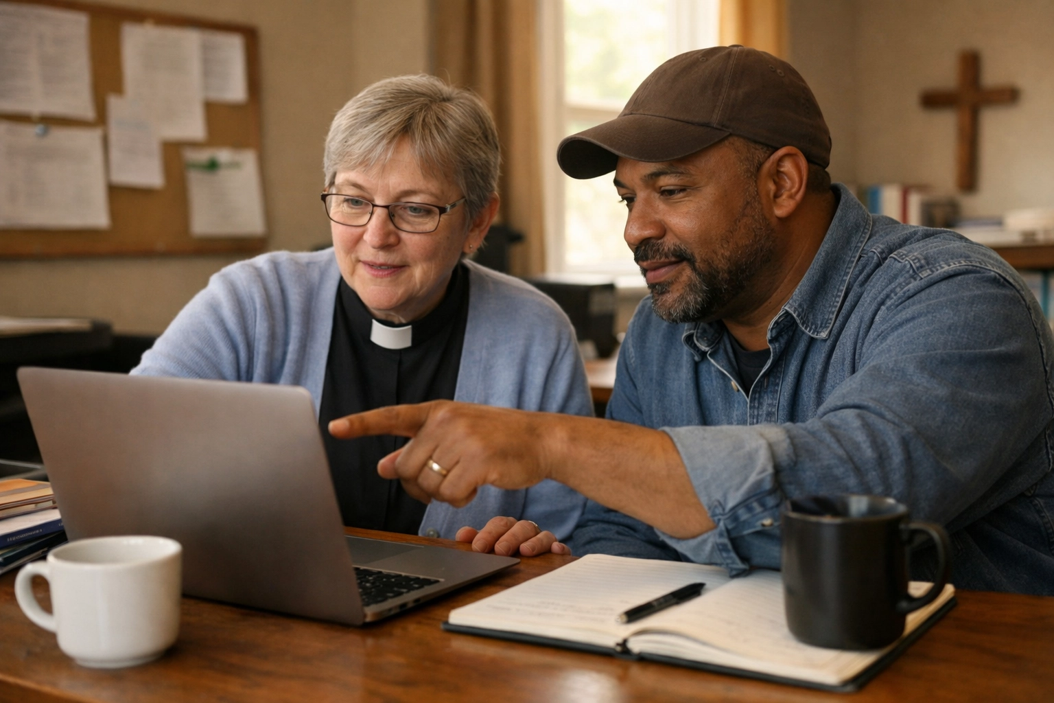 Church administrator and business owner planning community event partnership together